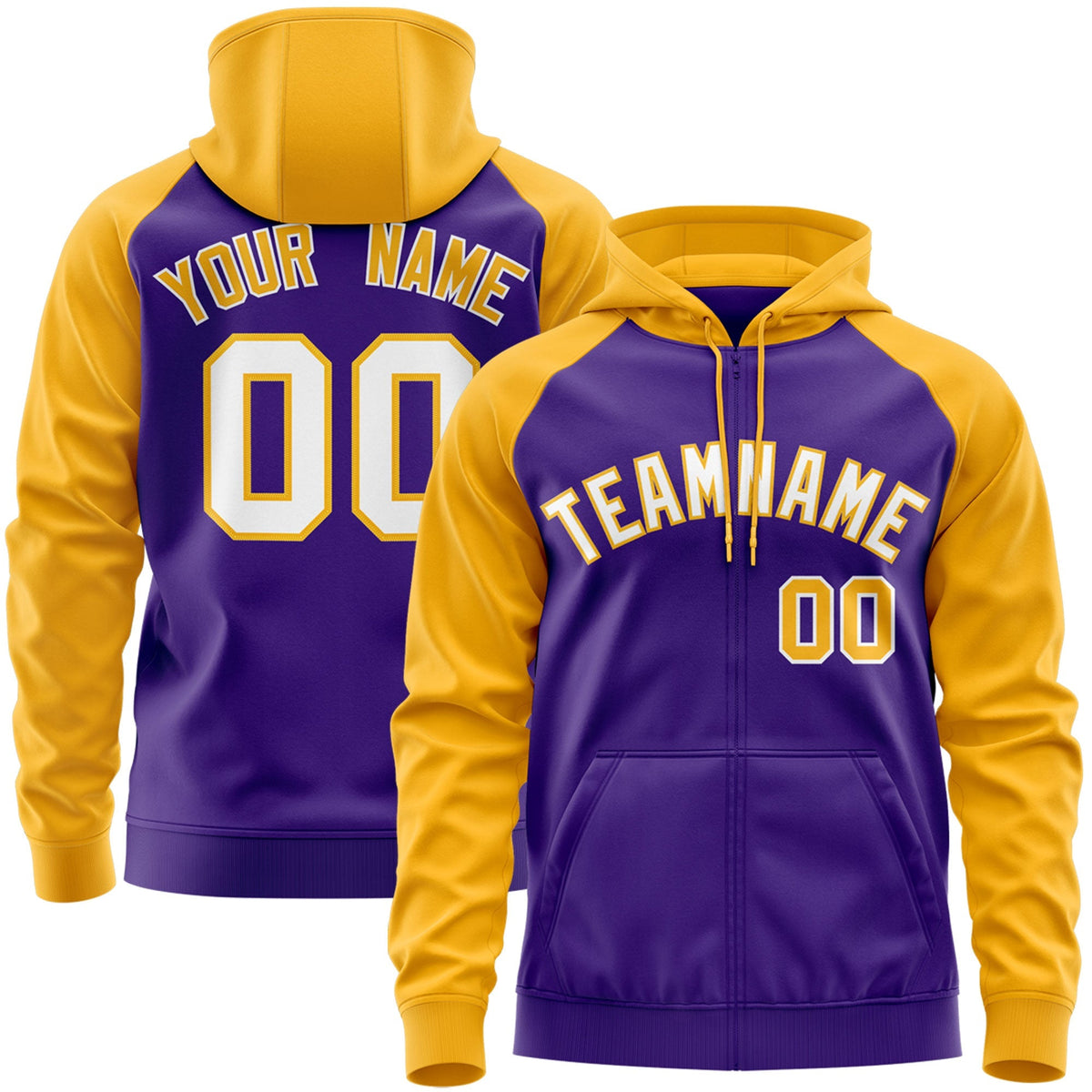 Custom Stitched Purple Gold Raglan Sleeves Sports Full-Zip Sweatshirt Hoodie| KXKSHOP