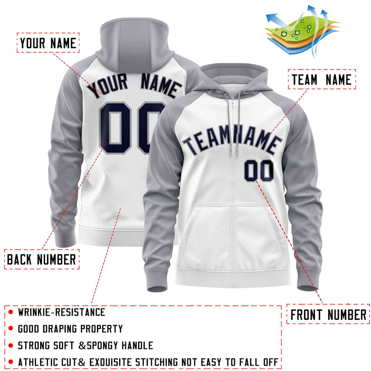 Custom Stitched White Light Gray-Navy Raglan Sleeves Sports Full-Zip Sweatshirt Hoodie| KXKSHOP