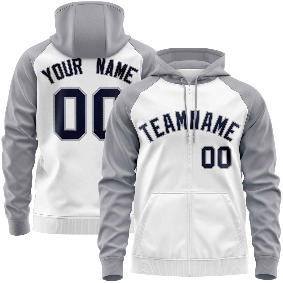Custom Stitched White Light Gray-Navy Raglan Sleeves Sports Full-Zip Sweatshirt Hoodie| KXKSHOP