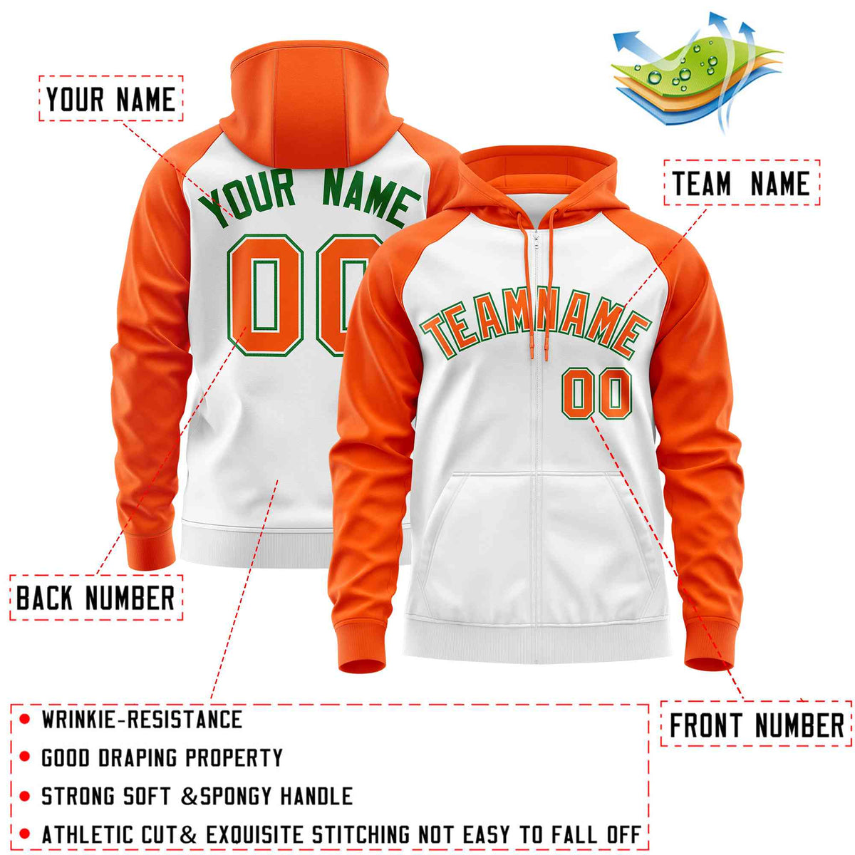 Custom Stitched White Orange Raglan Sleeves Sports Full-Zip Sweatshirt Hoodie| KXKSHOP