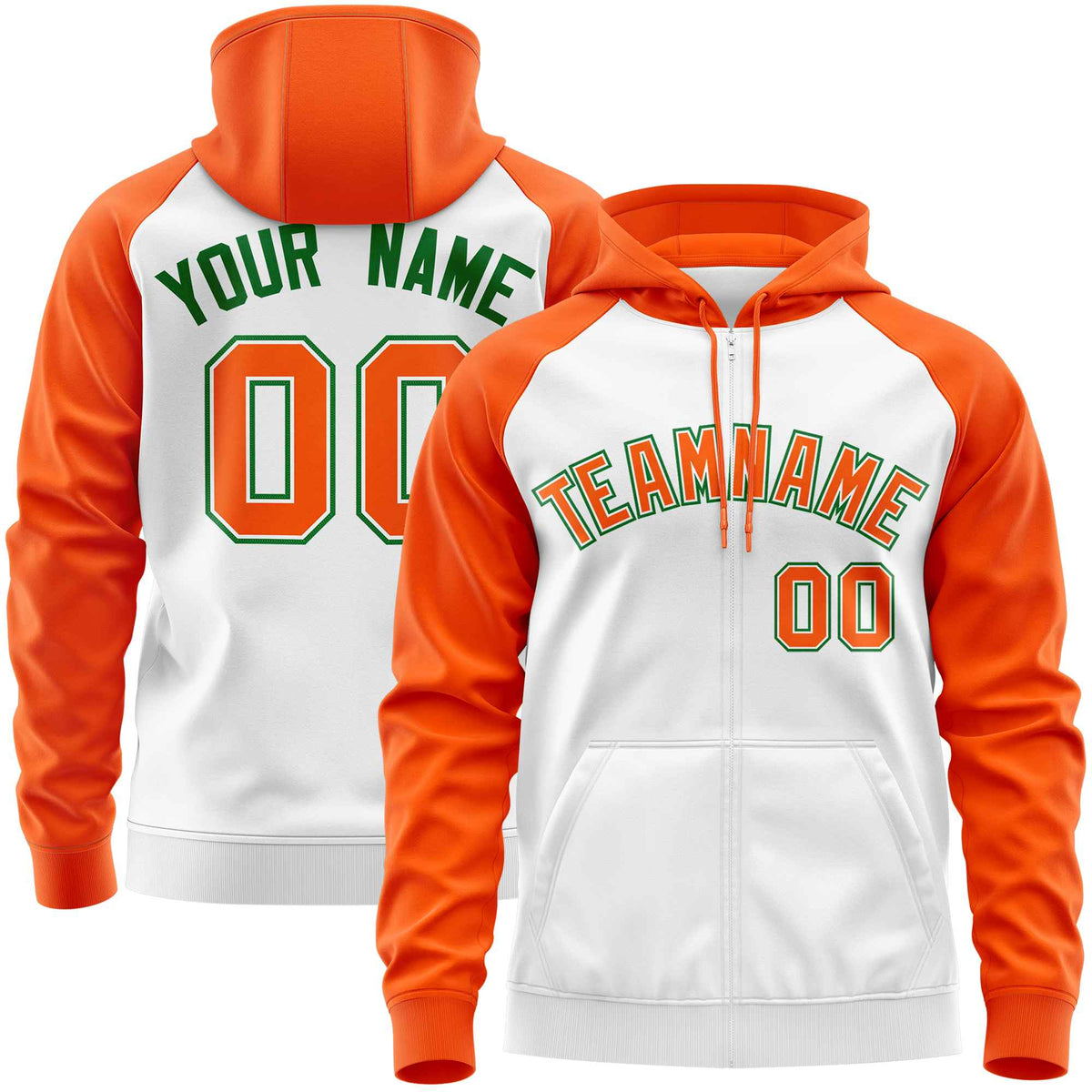 Custom Stitched White Orange Raglan Sleeves Sports Full-Zip Sweatshirt Hoodie| KXKSHOP
