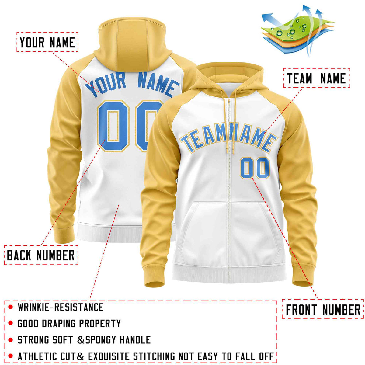 Custom Stitched White Yellow-Powder Blue Raglan Sleeves Sports Full-Zip Sweatshirt Hoodie| KXKSHOP