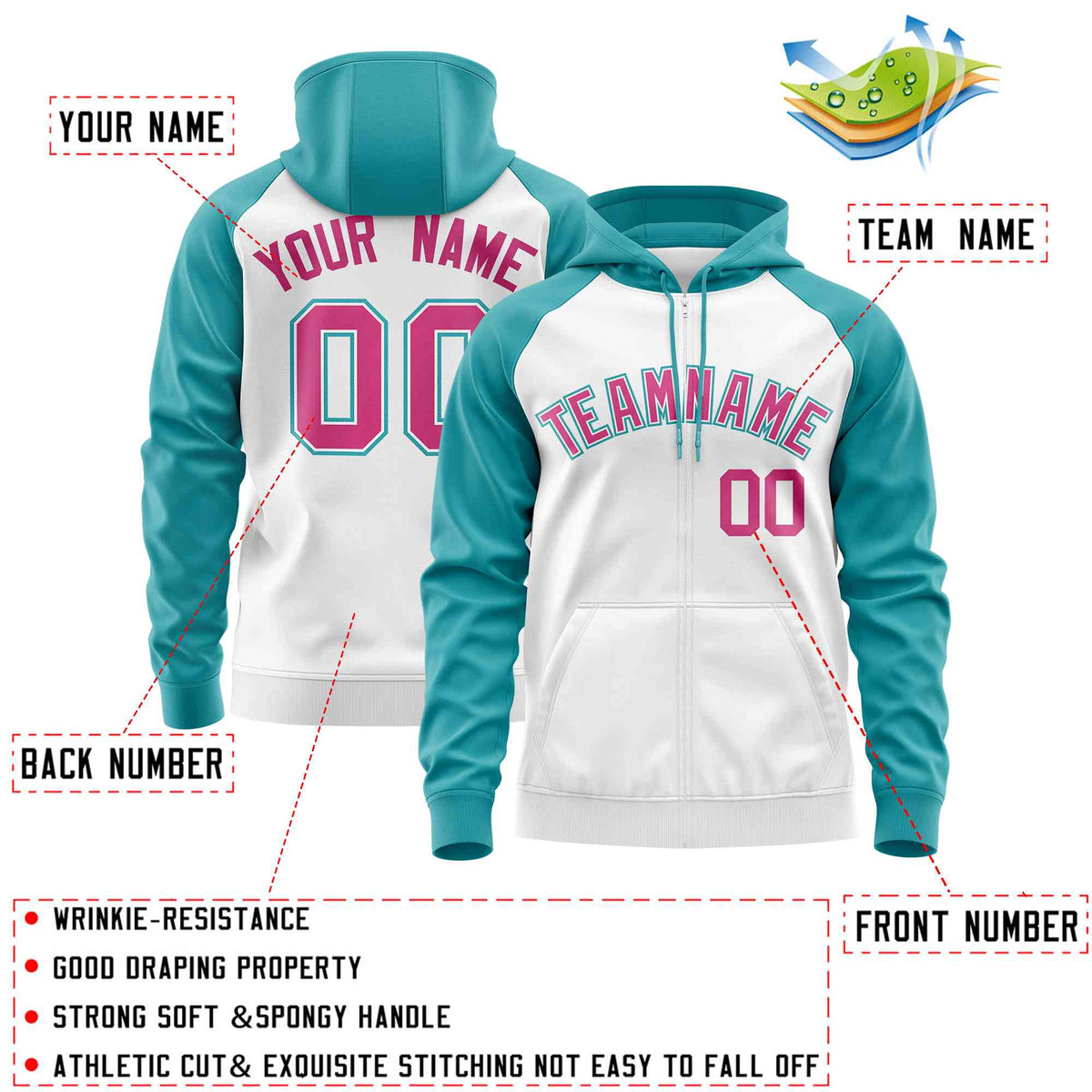 Custom Stitched White Aqua-Rose Red Raglan Sleeves Sports Full-Zip Sweatshirt Hoodie| KXKSHOP