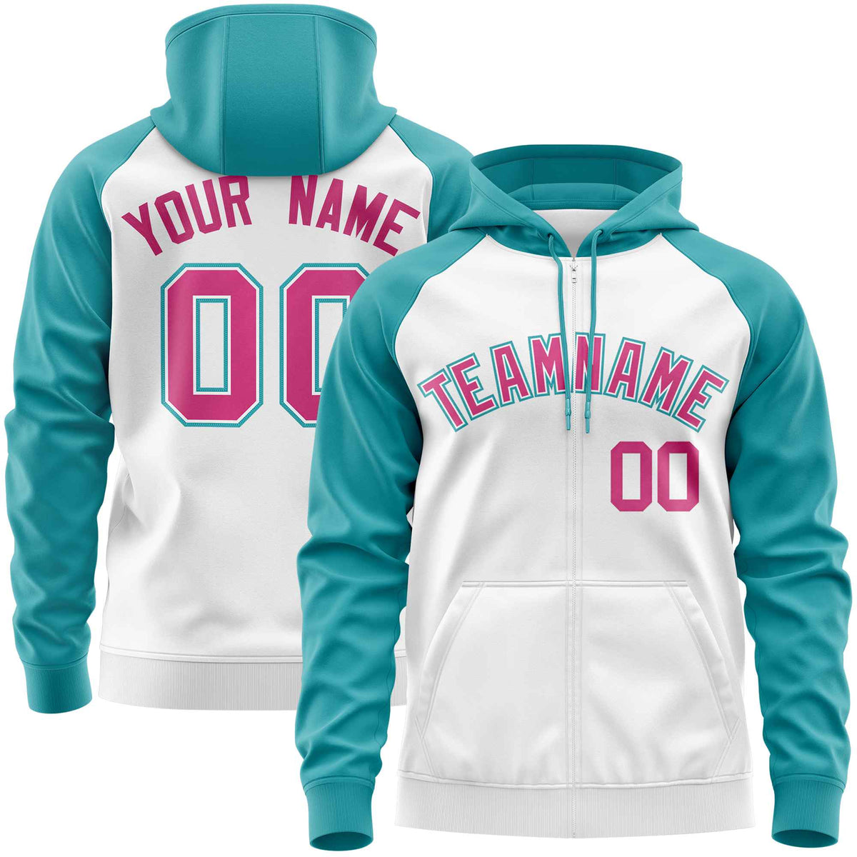 Custom Stitched White Aqua-Rose Red Raglan Sleeves Sports Full-Zip Sweatshirt Hoodie| KXKSHOP