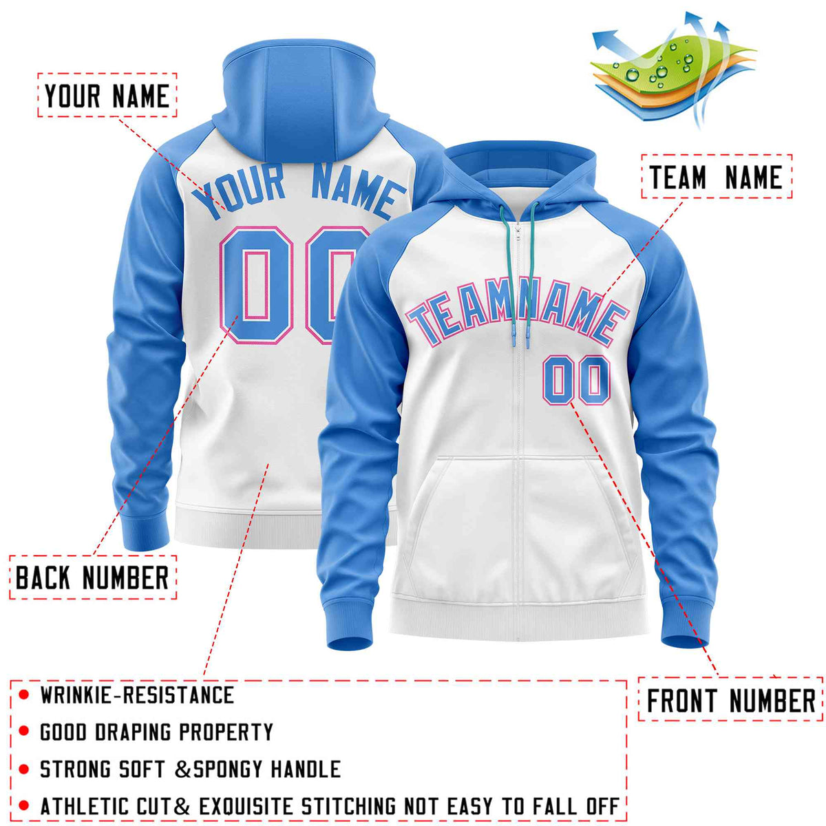 Custom Stitched White Powder Blue Raglan Sleeves Sports Full-Zip Sweatshirt Hoodie| KXKSHOP