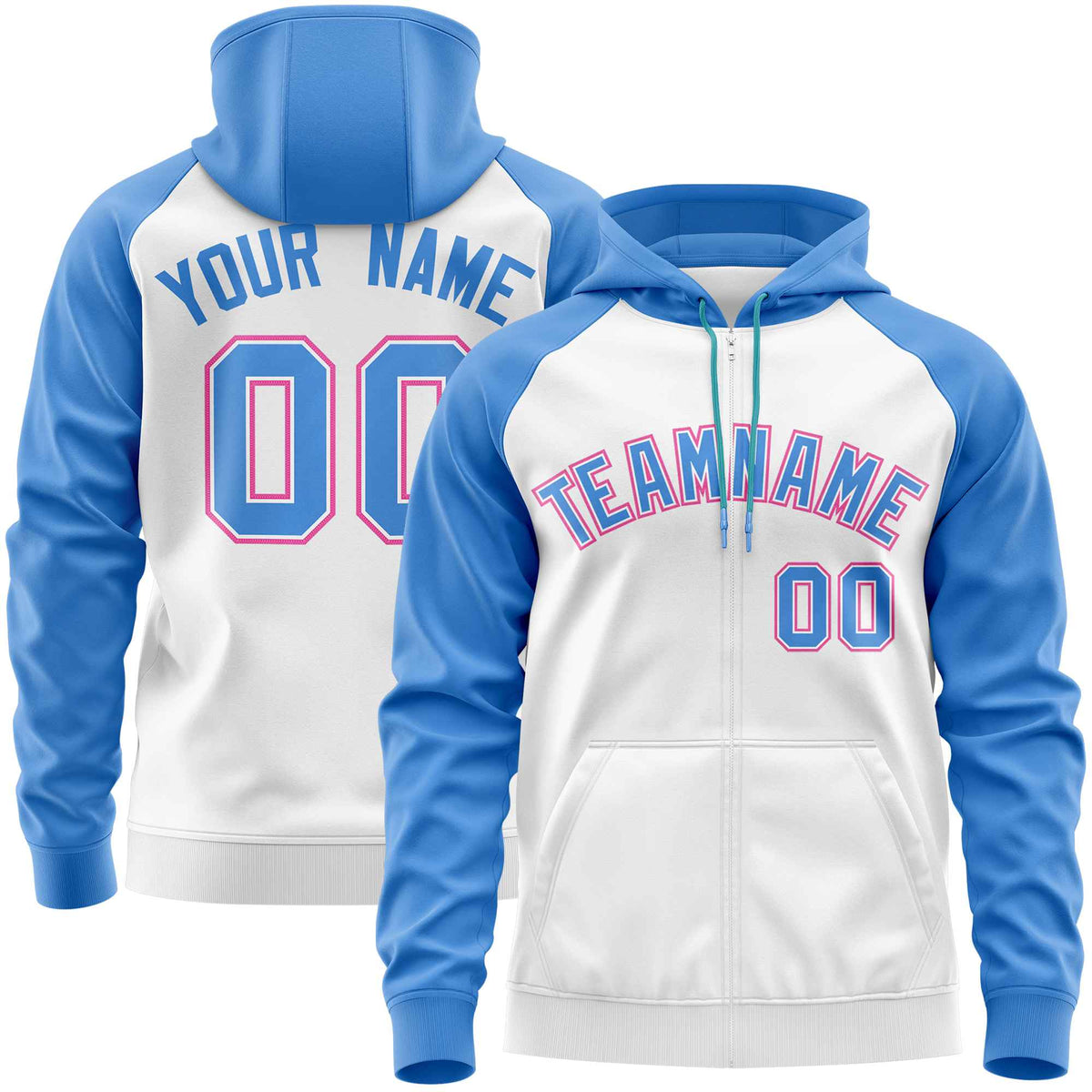 Custom Stitched White Powder Blue Raglan Sleeves Sports Full-Zip Sweatshirt Hoodie| KXKSHOP