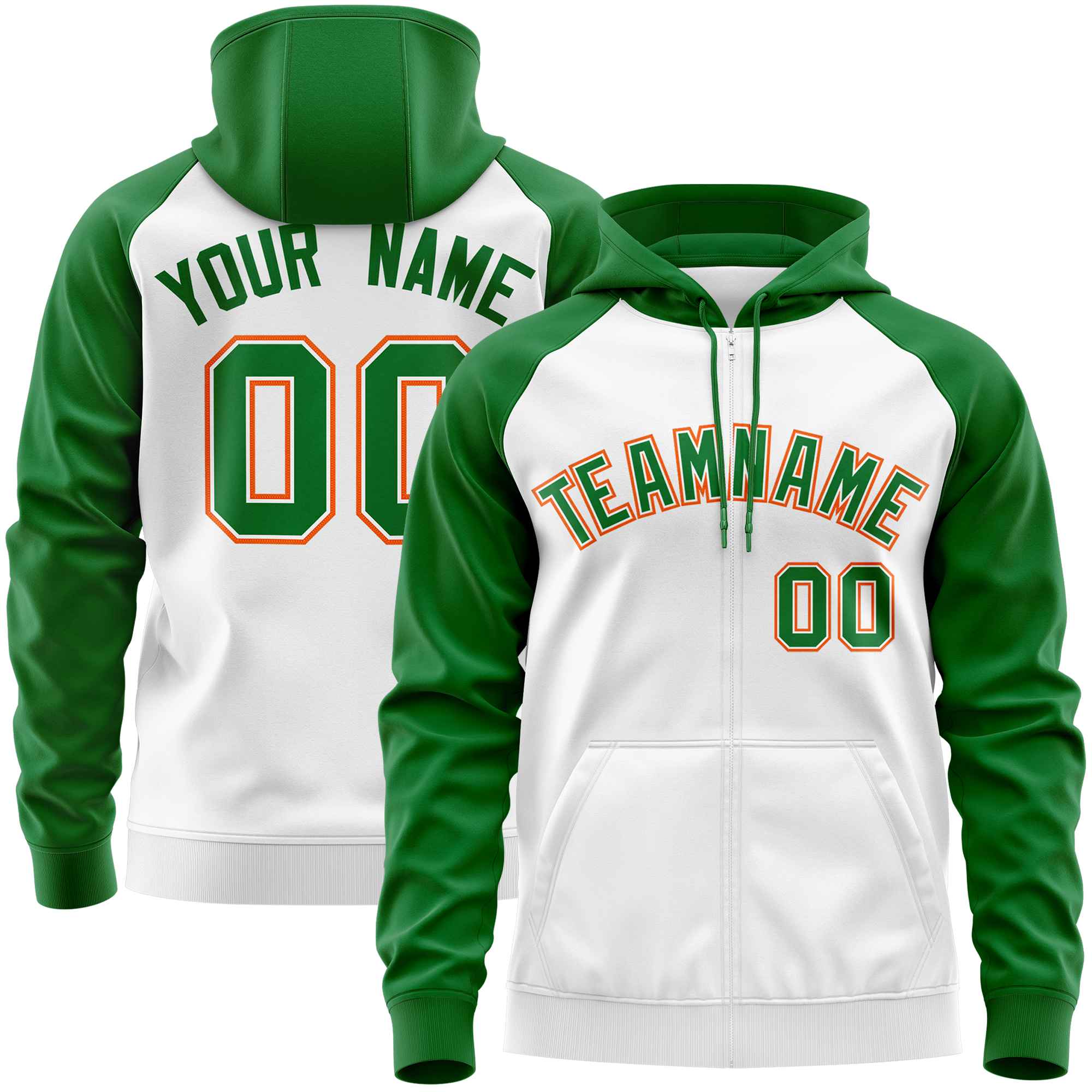 Custom Stitched White Kelly Green Raglan Sleeves Sports Full-Zip Sweatshirt Hoodie| KXKSHOP