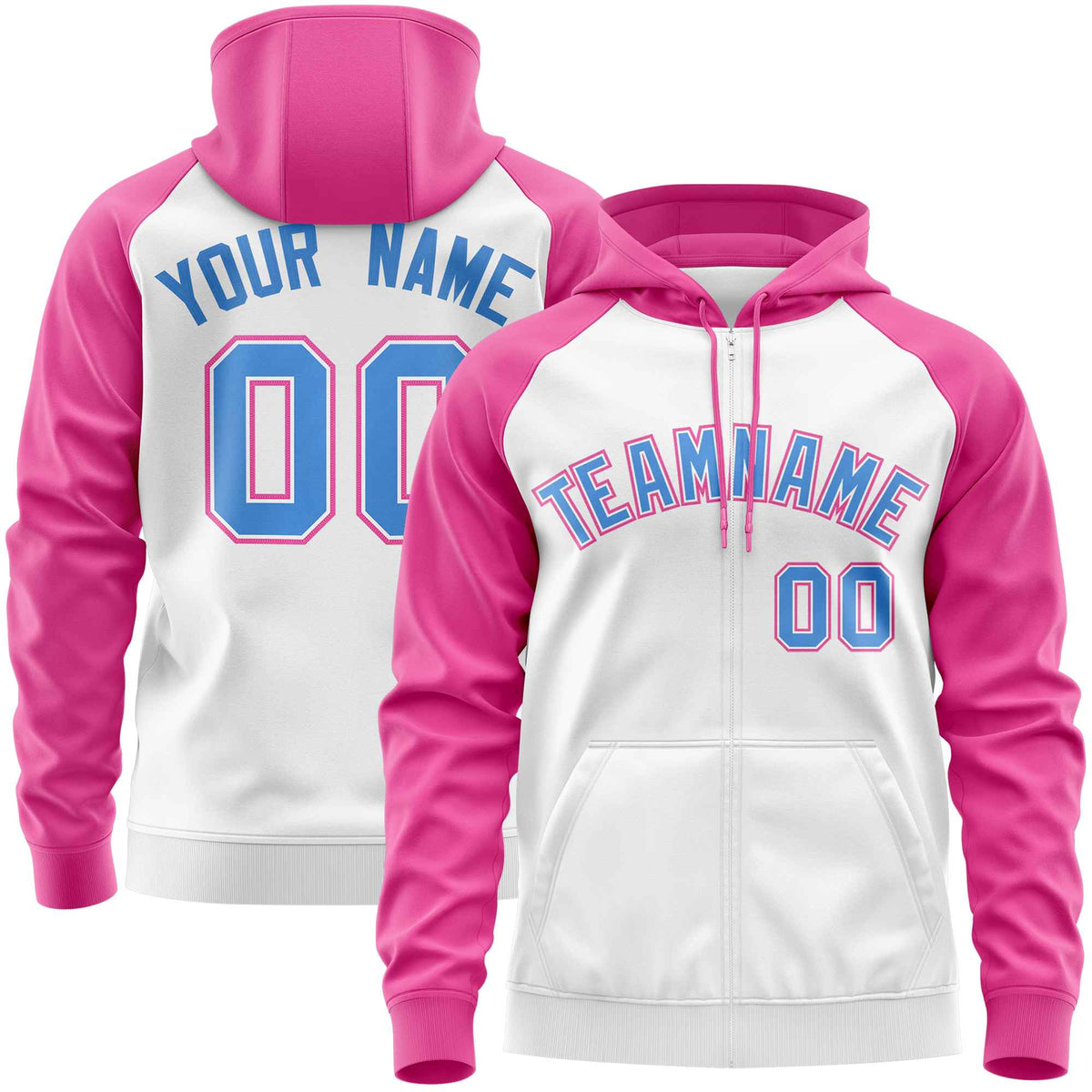 Custom Stitched White Pink-Powder Blue Raglan Sleeves Sports Full-Zip Sweatshirt Hoodie| KXKSHOP