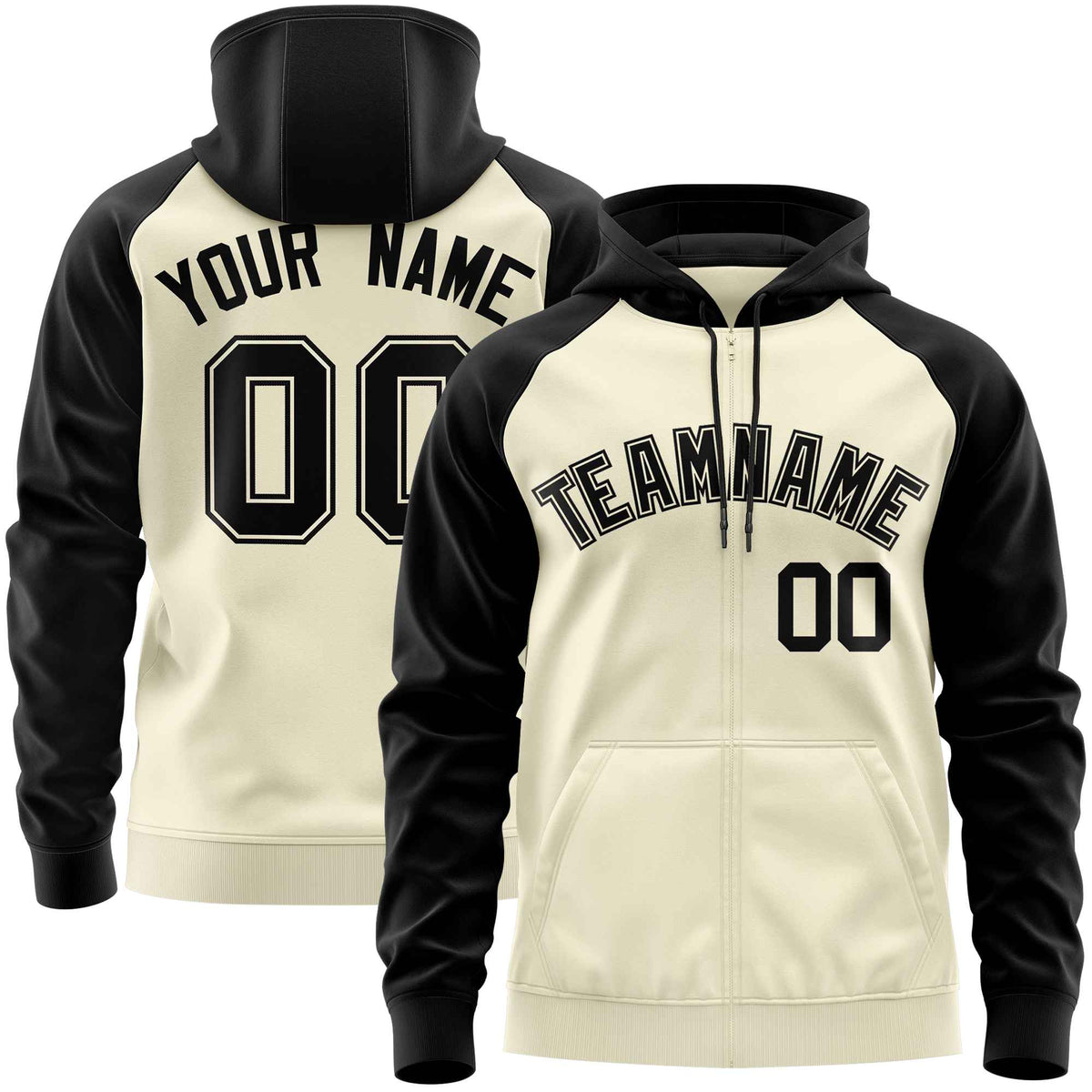 Custom Stitched Cream Black Raglan Sleeves Sports Full-Zip Sweatshirt Hoodie| KXKSHOP