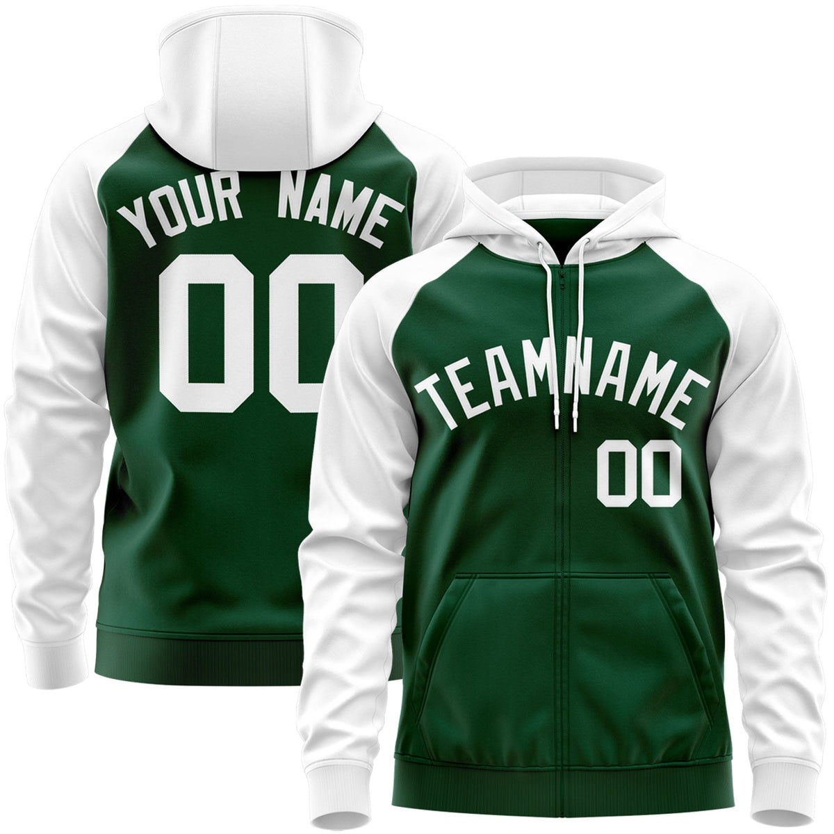 Custom Stitched Green White Raglan Sleeves Sports Full-Zip Sweatshirt Hoodie| KXKSHOP