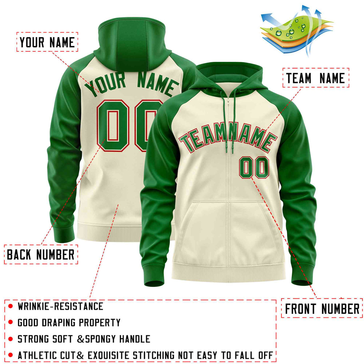 Custom Stitched Cream Kelly Green Raglan Sleeves Sports Full-Zip Sweatshirt Hoodie| KXKSHOP