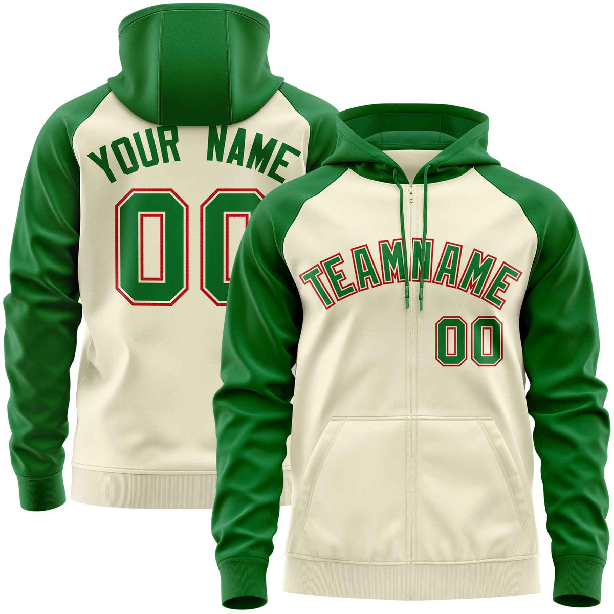 Custom Stitched Cream Kelly Green Raglan Sleeves Sports Full-Zip Sweatshirt Hoodie| KXKSHOP
