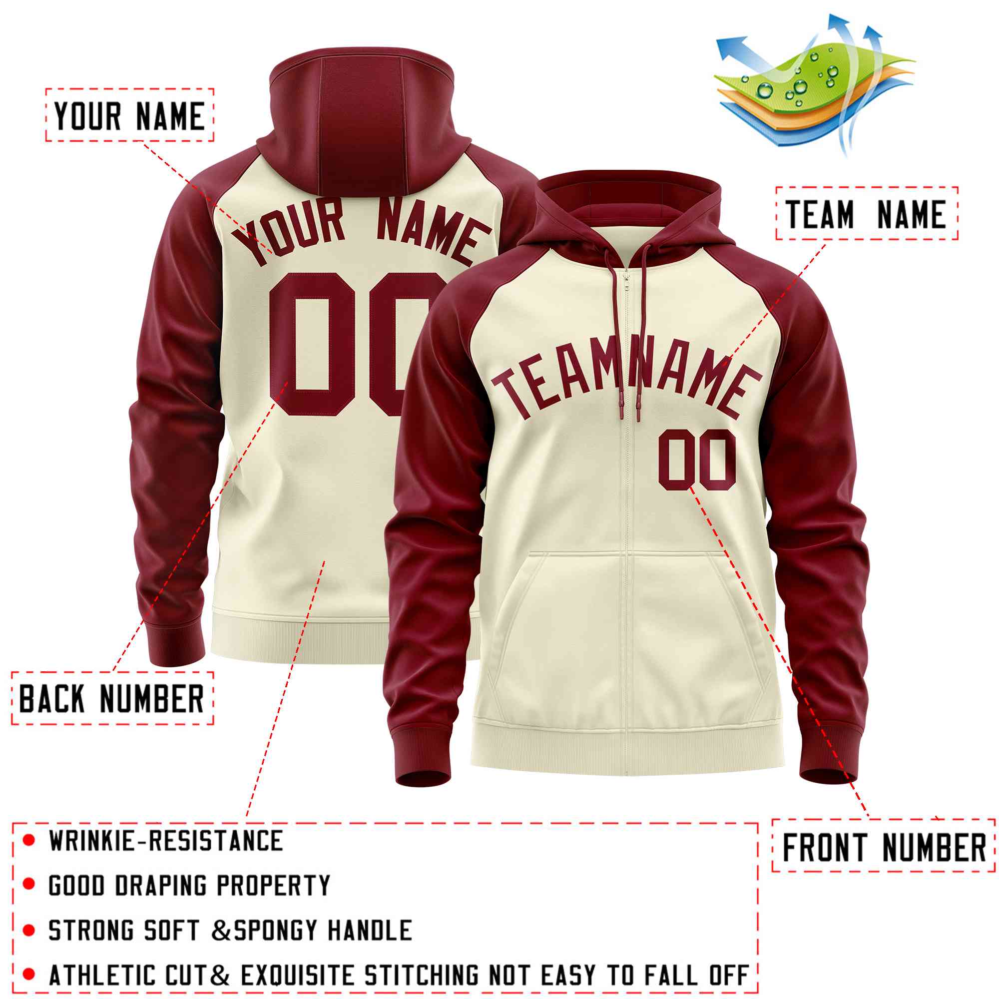 Custom Stitched Cream Crimson Raglan Sleeves Sports Full-Zip Sweatshirt Hoodie| KXKSHOP