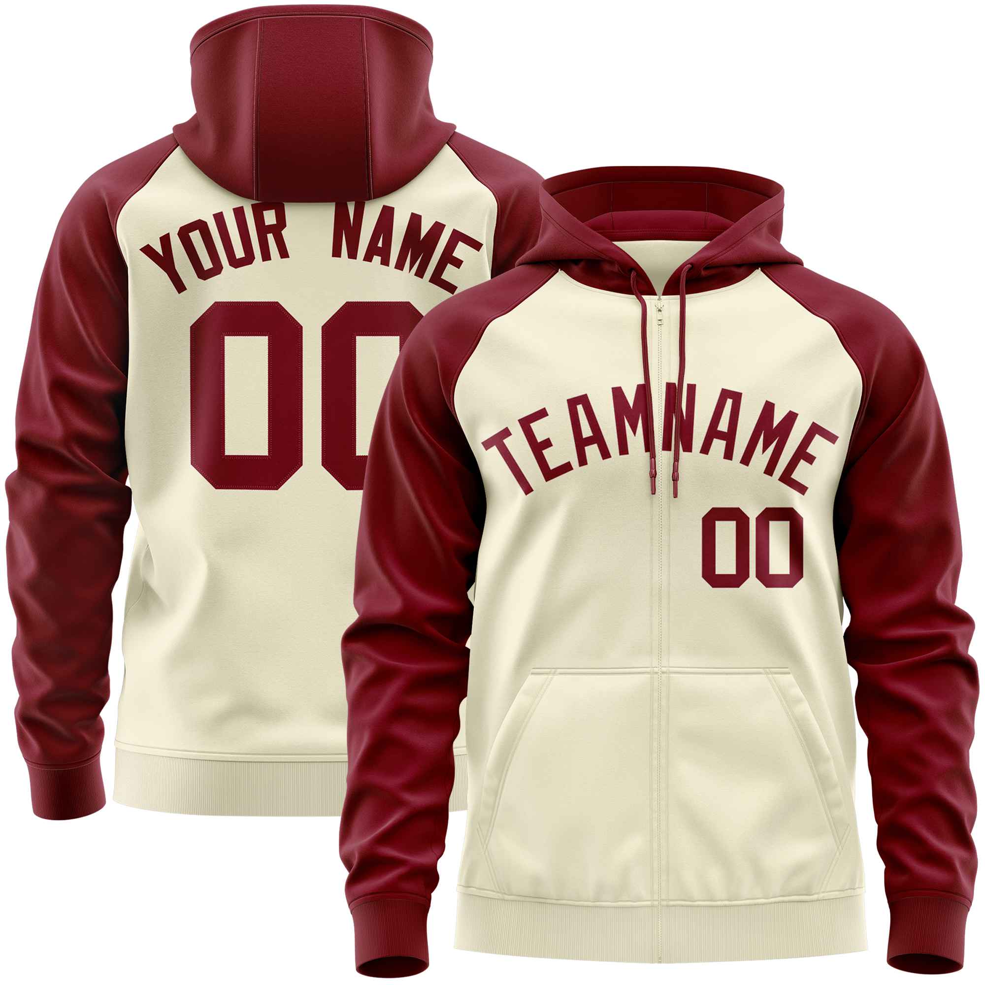 Custom Stitched Cream Crimson Raglan Sleeves Sports Full-Zip Sweatshirt Hoodie| KXKSHOP