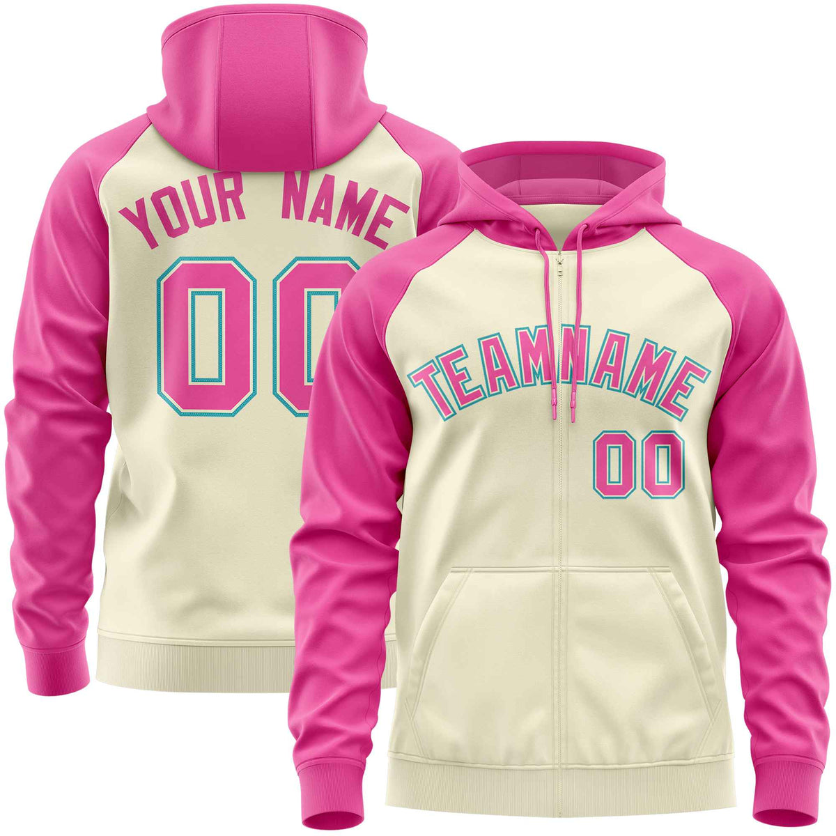 Custom Stitched Cream Pink Raglan Sleeves Sports Full-Zip Sweatshirt Hoodie| KXKSHOP