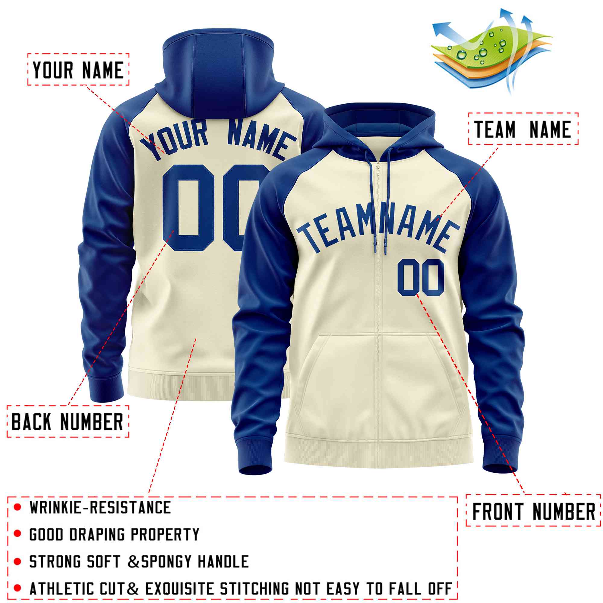 Custom Stitched Cream Royal Raglan Sleeves Sports Full-Zip Sweatshirt Hoodie| KXKSHOP
