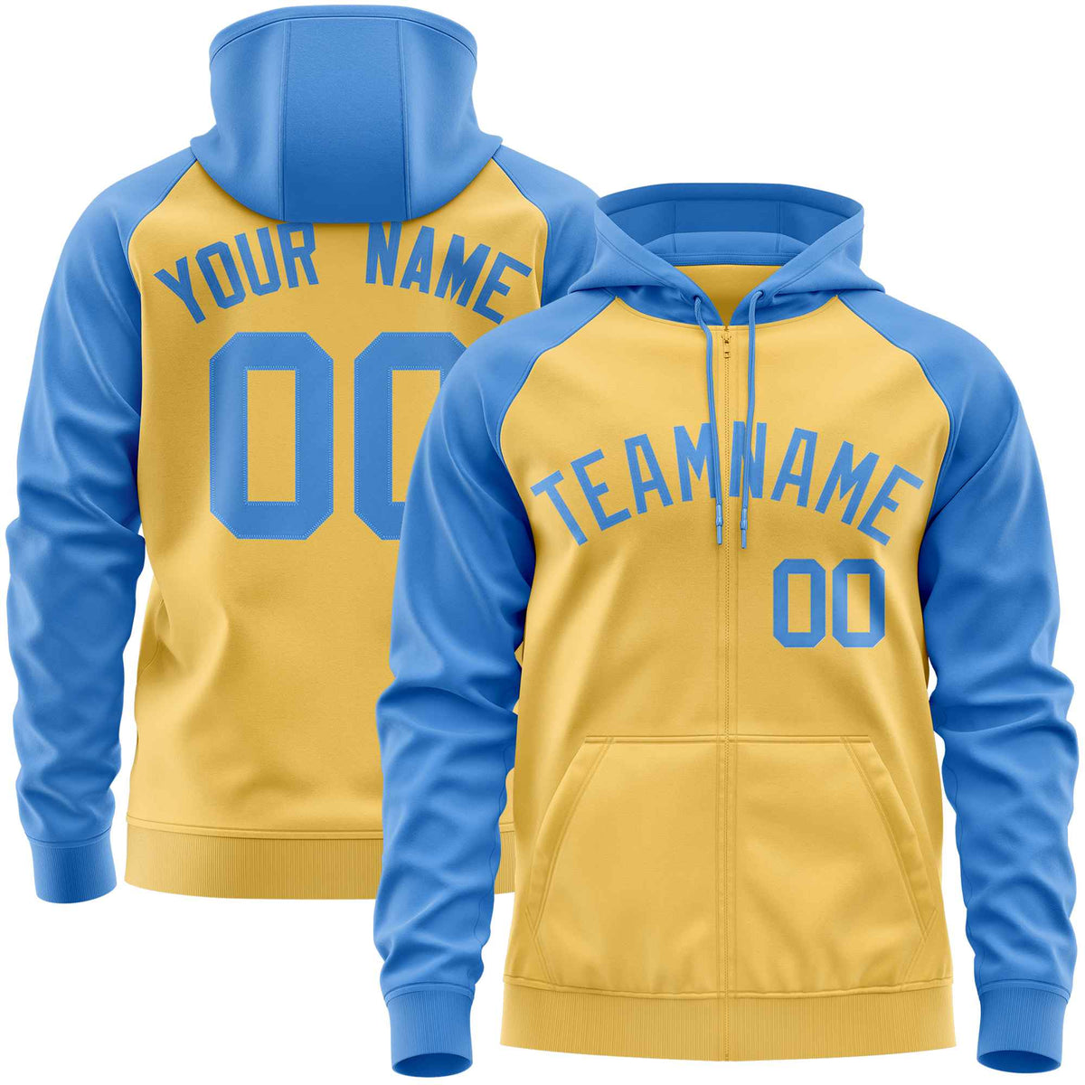 Custom Stitched Yellow Powder Blue Raglan Sleeves Sports Full-Zip Sweatshirt Hoodie| KXKSHOP