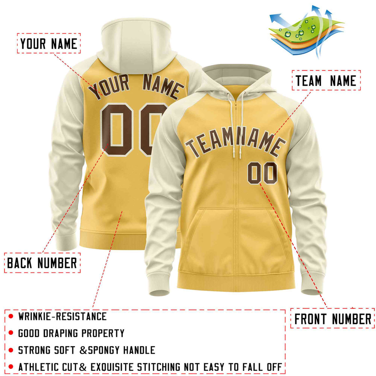 Custom Stitched Yellow Cream-Light Brown Raglan Sleeves Sports Full-Zip Sweatshirt Hoodie| KXKSHOP