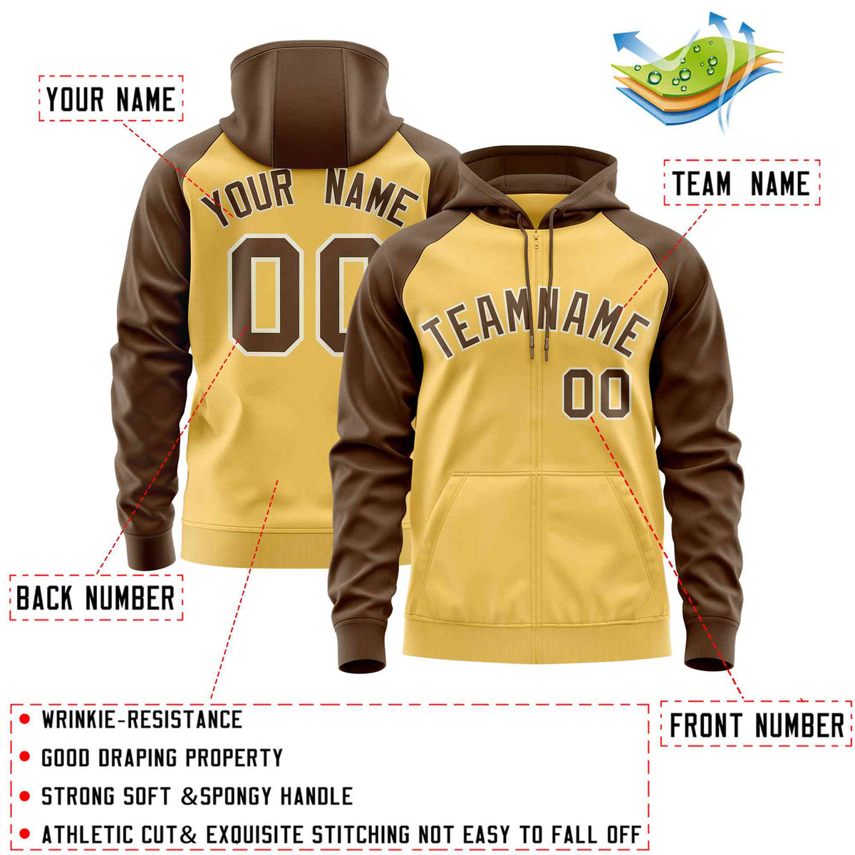 Custom Stitched Yellow Light Brown Raglan Sleeves Sports Full-Zip Sweatshirt Hoodie| KXKSHOP