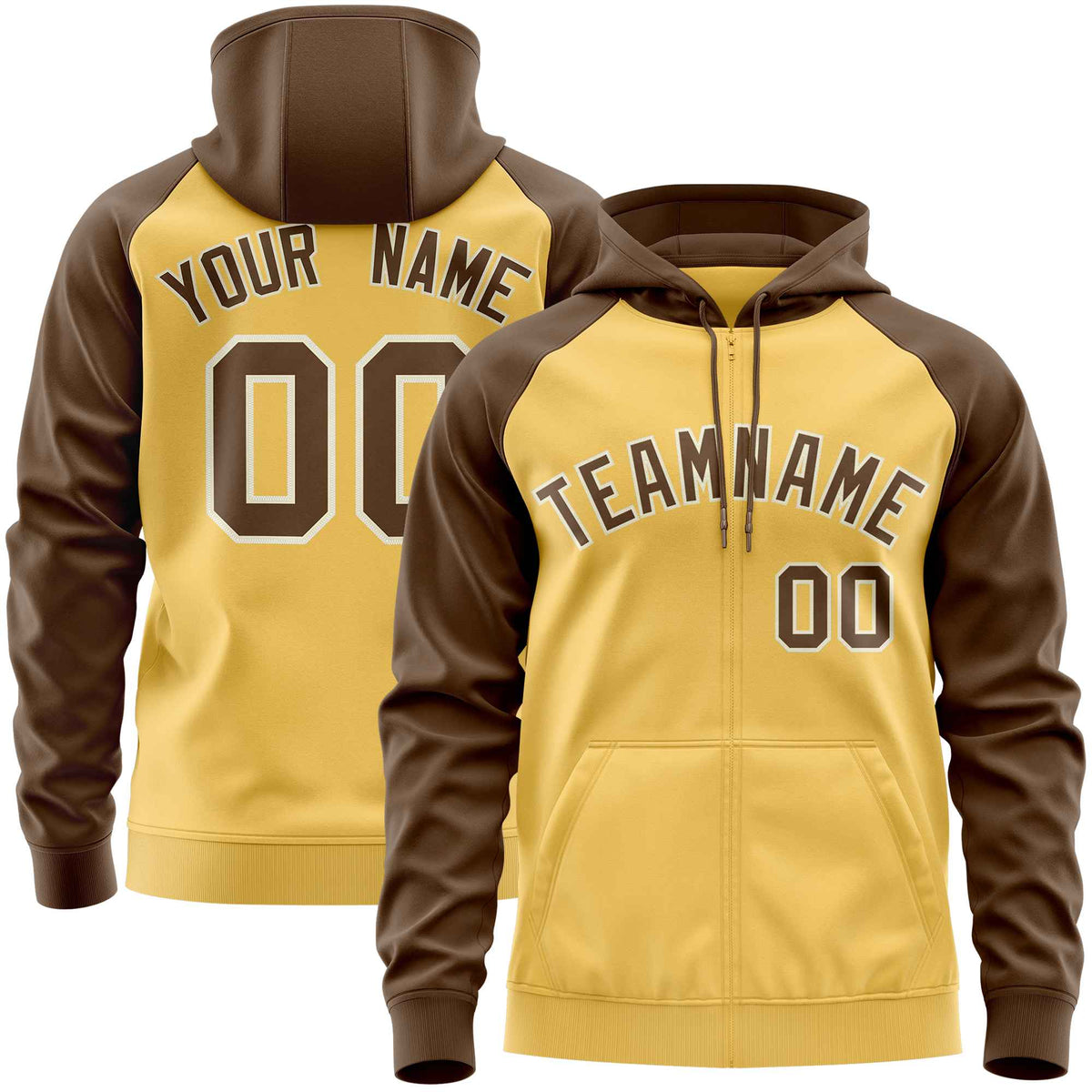Custom Stitched Yellow Light Brown Raglan Sleeves Sports Full-Zip Sweatshirt Hoodie| KXKSHOP