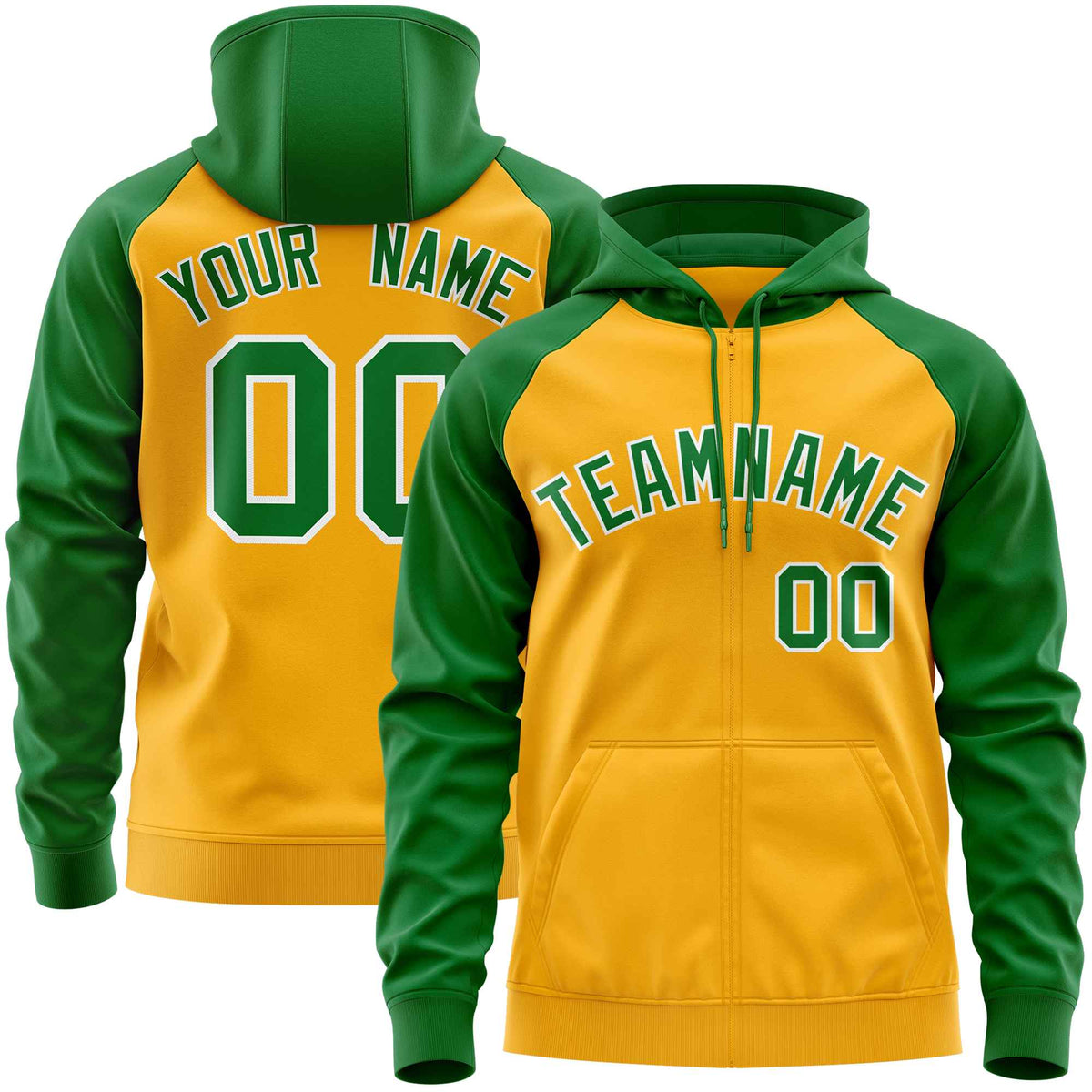 Custom Stitched Gold Kelly Green Raglan Sleeves Sports Full-Zip Sweatshirt Hoodie| KXKSHOP