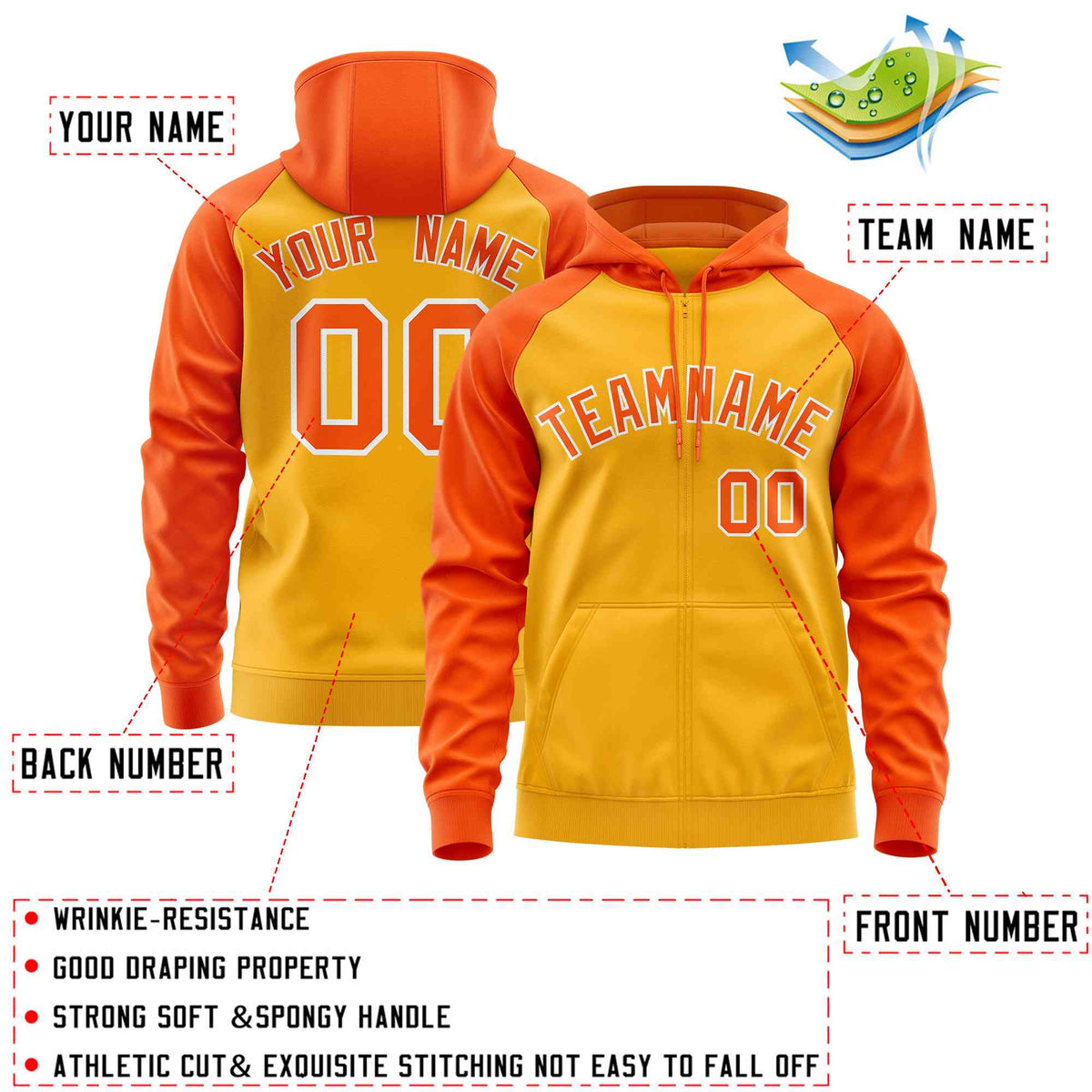 Custom Stitched Gold Orange Raglan Sleeves Sports Full-Zip Sweatshirt Hoodie| KXKSHOP