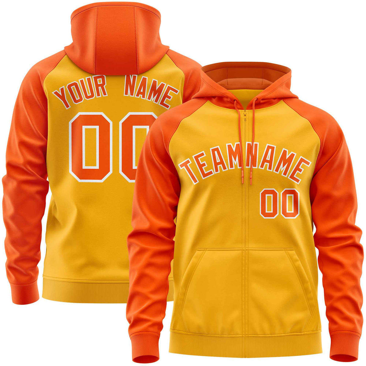 Custom Stitched Gold Orange Raglan Sleeves Sports Full-Zip Sweatshirt Hoodie| KXKSHOP
