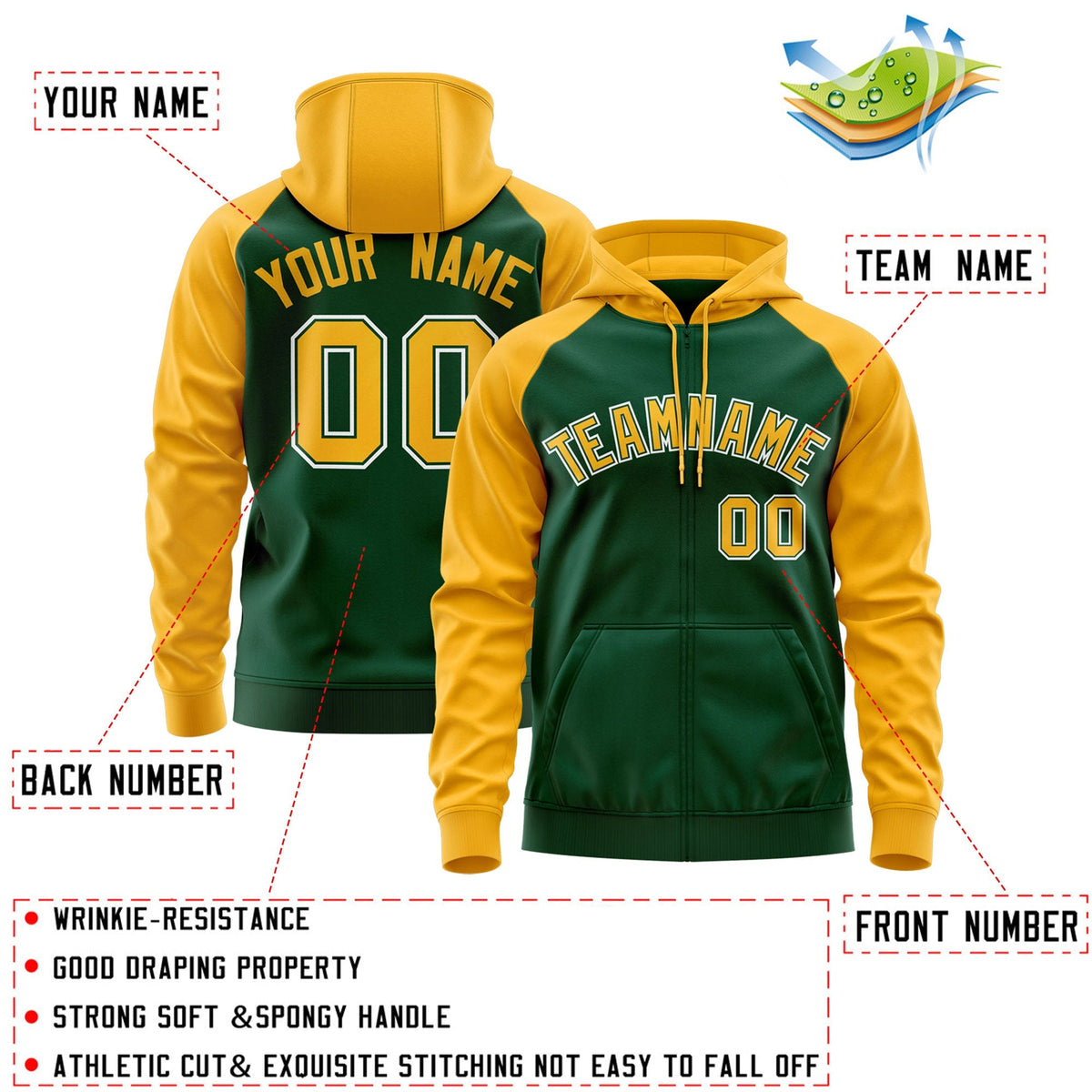 Custom Stitched Green Gold-White Raglan Sleeves Sports Full-Zip Sweatshirt Hoodie| KXKSHOP