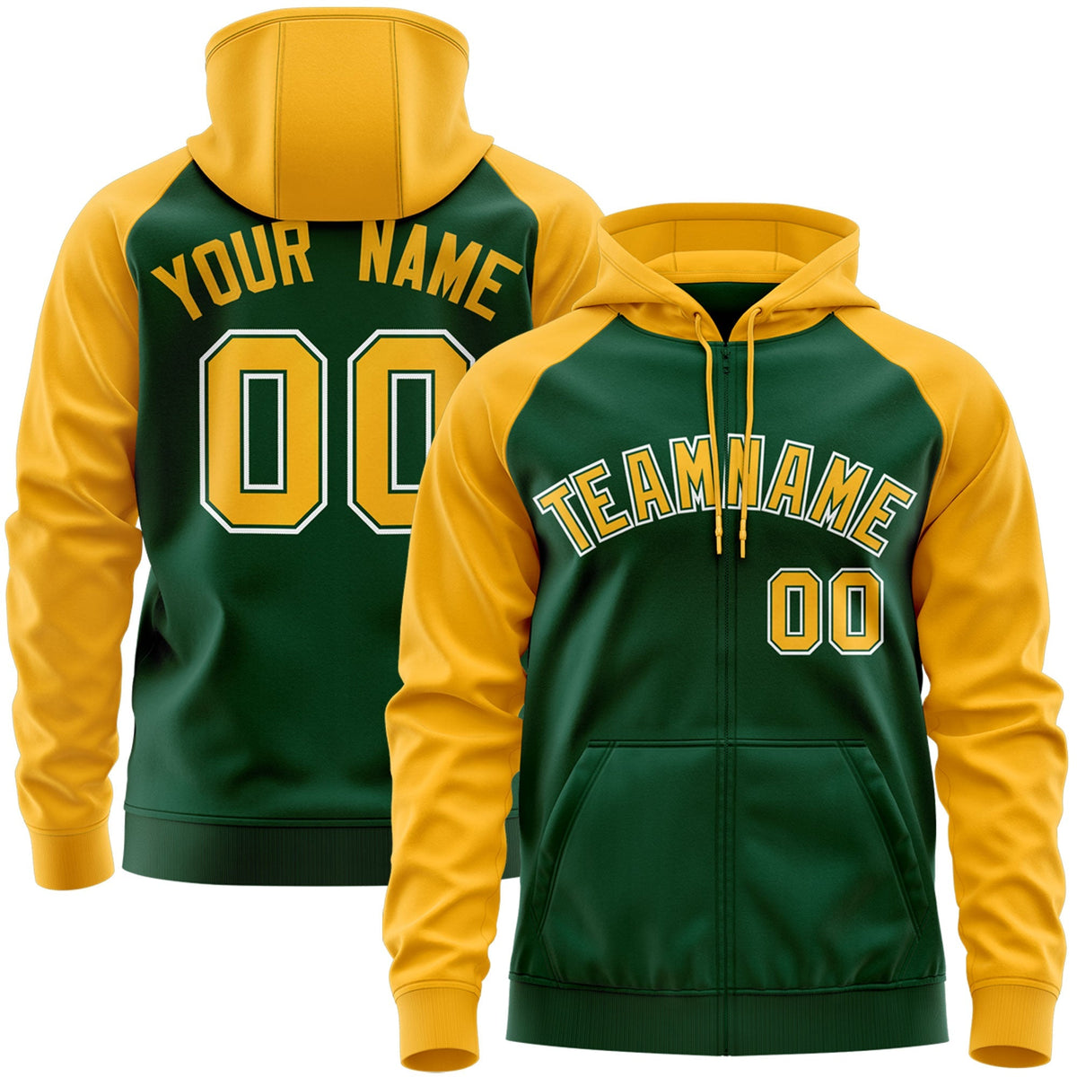 Custom Stitched Green Gold-White Raglan Sleeves Sports Full-Zip Sweatshirt Hoodie| KXKSHOP