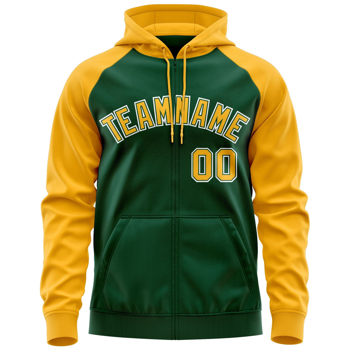 Custom Stitched Green Gold-White Raglan Sleeves Sports Full-Zip Sweatshirt Hoodie| KXKSHOP