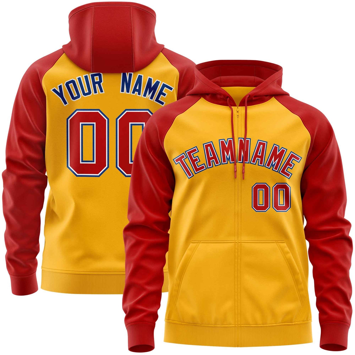 Custom Stitched Gold Red Raglan Sleeves Sports Full-Zip Sweatshirt Hoodie| KXKSHOP