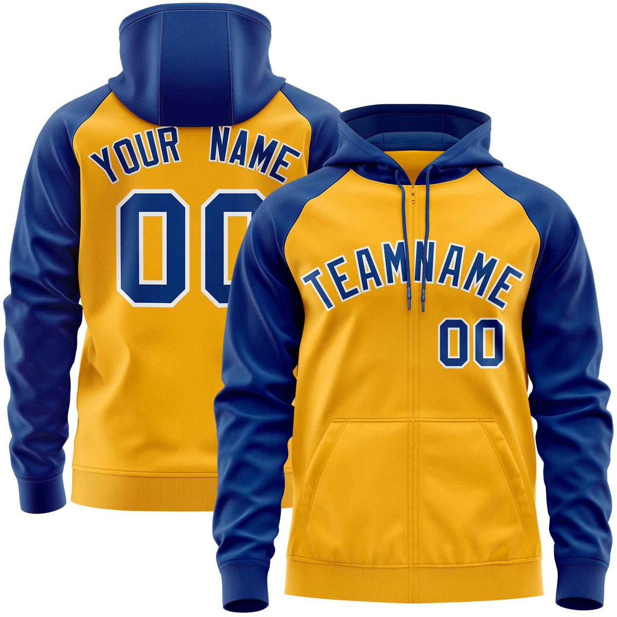 Custom Stitched Gold Royal Raglan Sleeves Sports Full-Zip Sweatshirt Hoodie| KXKSHOP