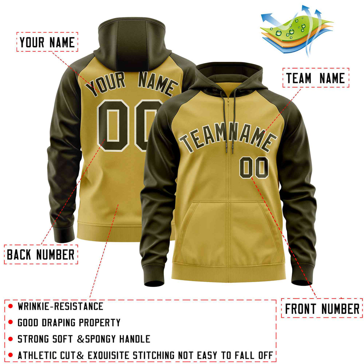 Custom Stitched Old Gold Olive Raglan Sleeves Sports Full-Zip Sweatshirt Hoodie| KXKSHOP