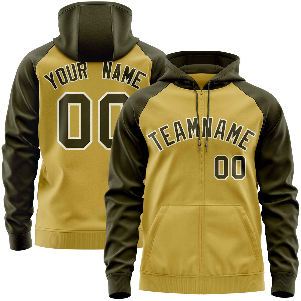 Custom Stitched Old Gold Olive Raglan Sleeves Sports Full-Zip Sweatshirt Hoodie| KXKSHOP