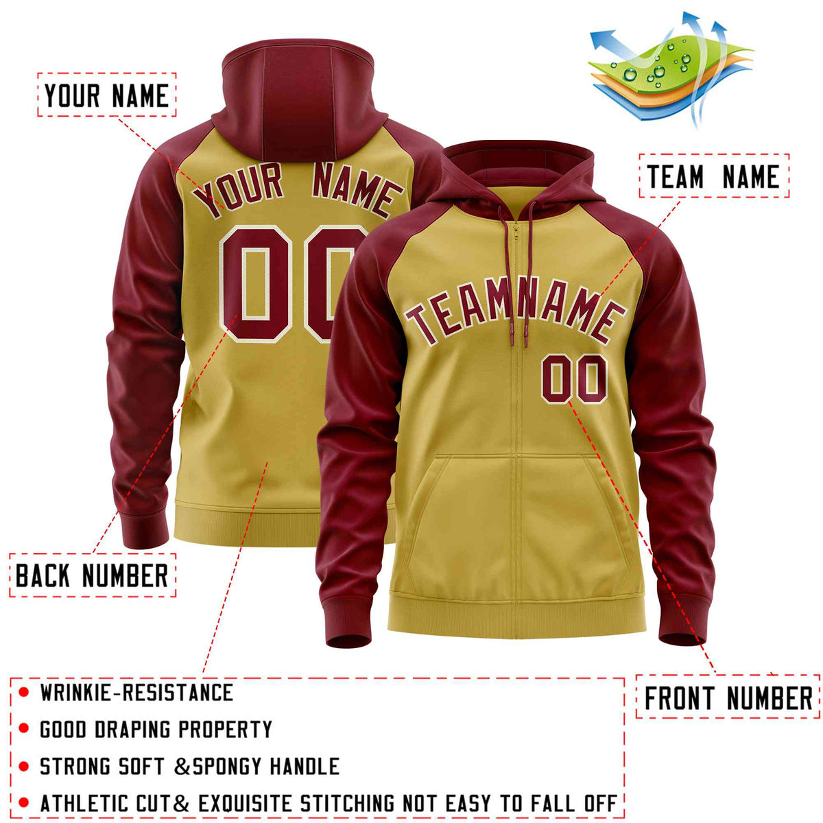 Custom Stitched Old Gold Crimson Raglan Sleeves Sports Full-Zip Sweatshirt Hoodie| KXKSHOP
