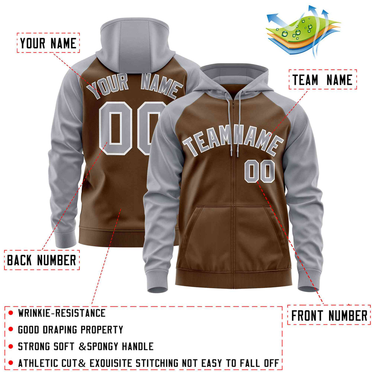 Custom Stitched Light Brown Light Gray Raglan Sleeves Sports Full-Zip Sweatshirt Hoodie| KXKSHOP