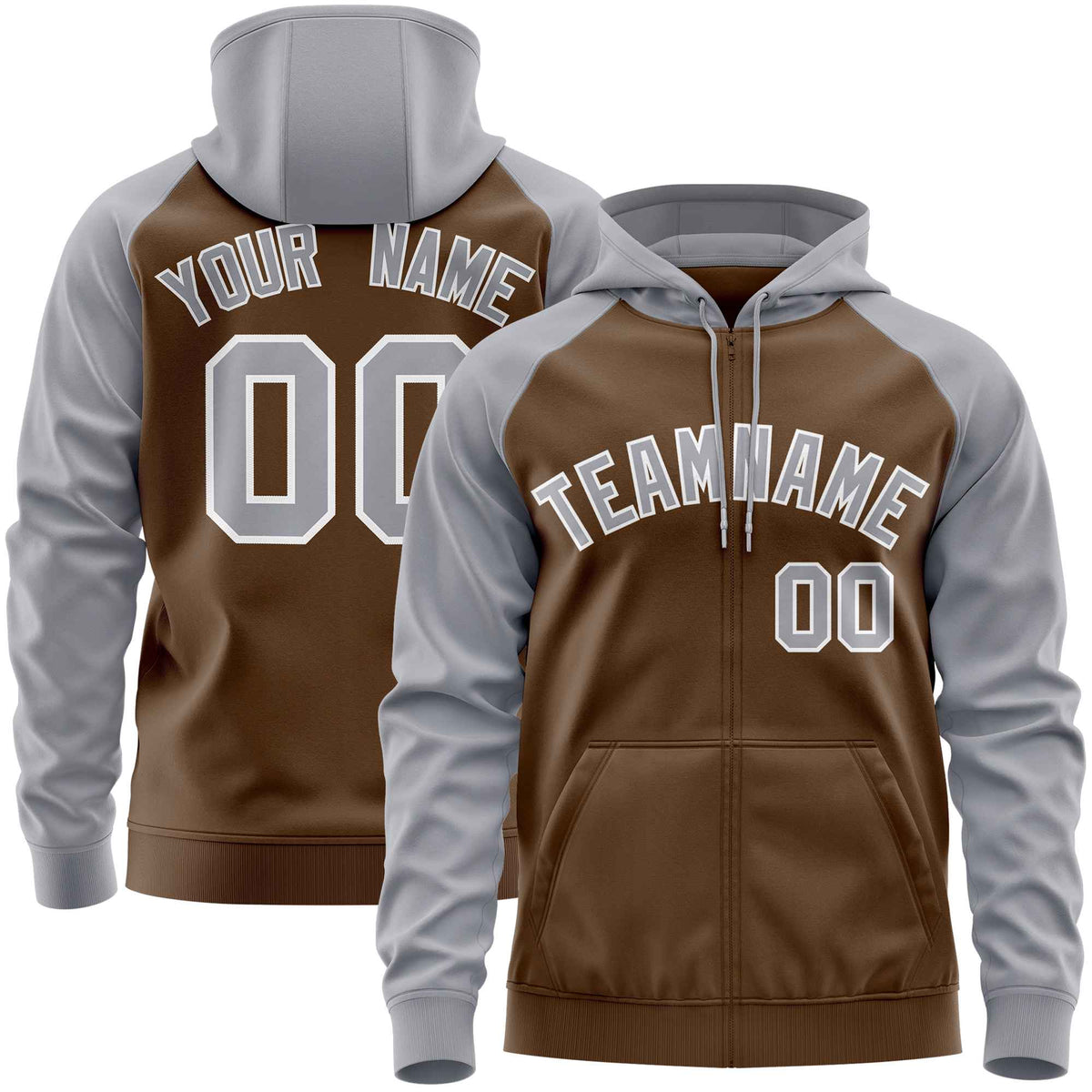 Custom Stitched Light Brown Light Gray Raglan Sleeves Sports Full-Zip Sweatshirt Hoodie| KXKSHOP