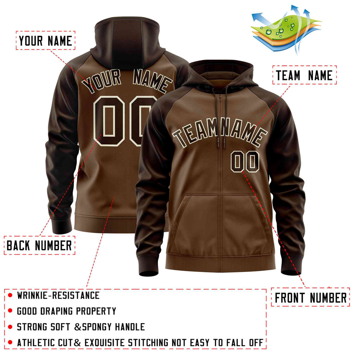 Custom Stitched Light Brown Brown Raglan Sleeves Sports Full-Zip Sweatshirt Hoodie| KXKSHOP