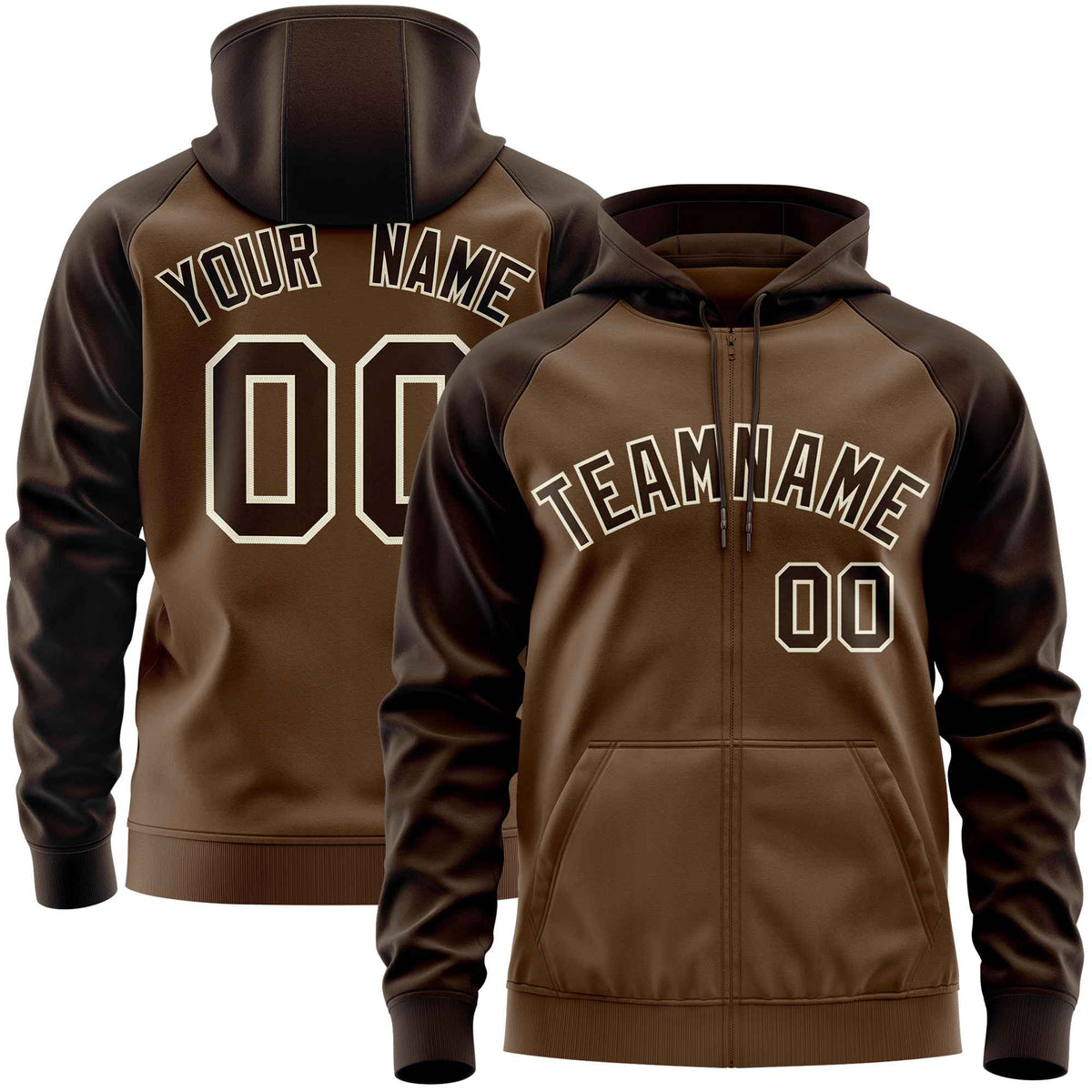 Custom Stitched Light Brown Brown Raglan Sleeves Sports Full-Zip Sweatshirt Hoodie| KXKSHOP