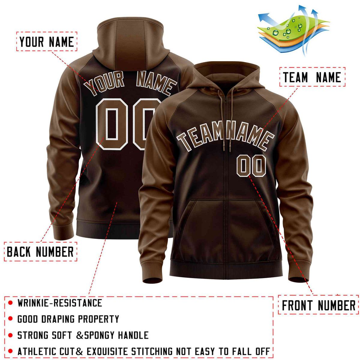 Custom Stitched Brown Light Brown Raglan Sleeves Sports Full-Zip Sweatshirt Hoodie| KXKSHOP