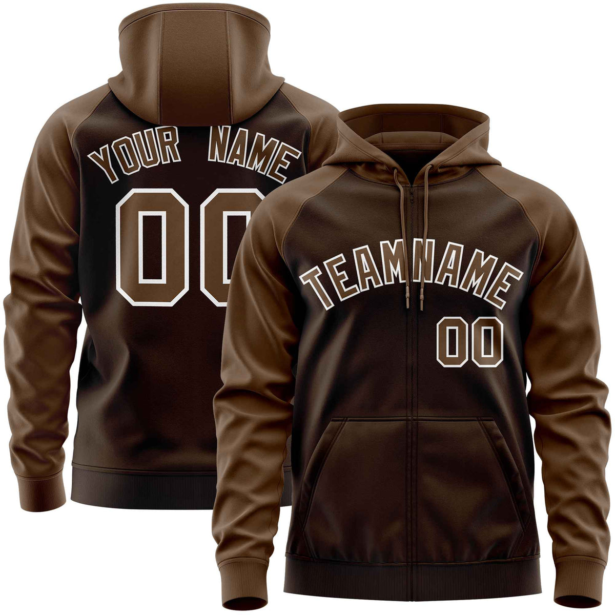 Custom Stitched Brown Light Brown Raglan Sleeves Sports Full-Zip Sweatshirt Hoodie| KXKSHOP