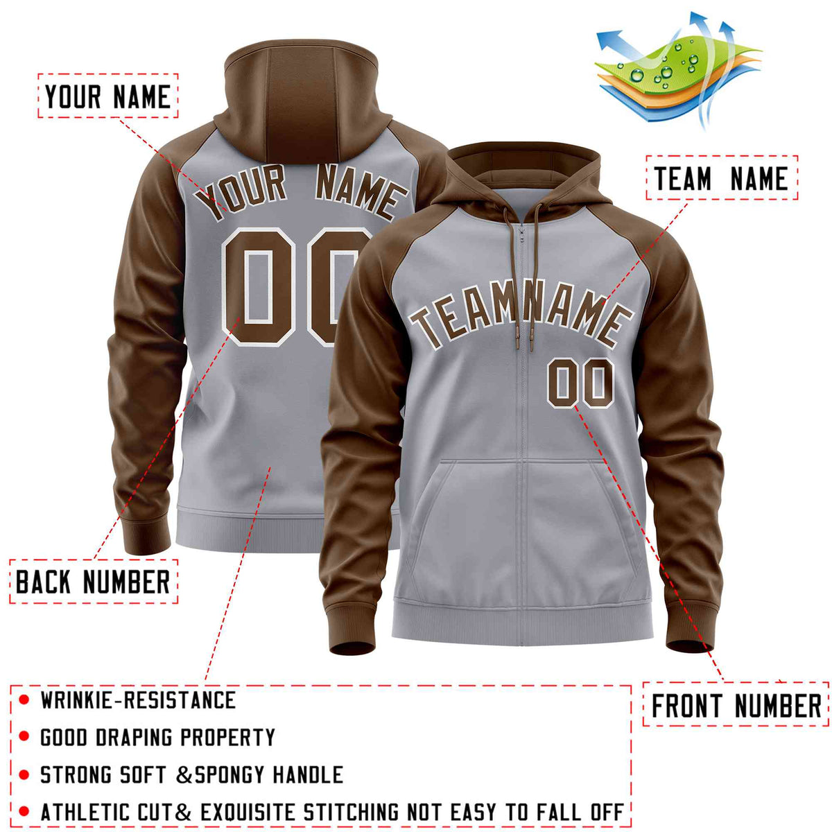 Custom Stitched Light Gray Light Brown Raglan Sleeves Sports Full-Zip Sweatshirt Hoodie| KXKSHOP