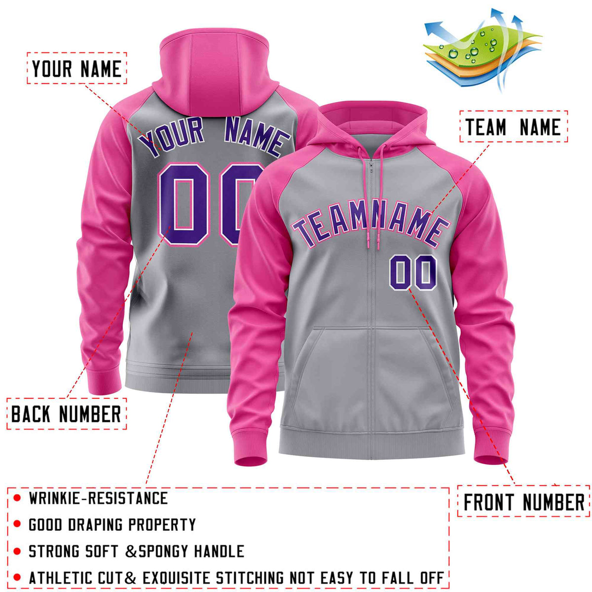Custom Stitched Light Gray Pink-Purple Raglan Sleeves Sports Full-Zip Sweatshirt Hoodie| KXKSHOP