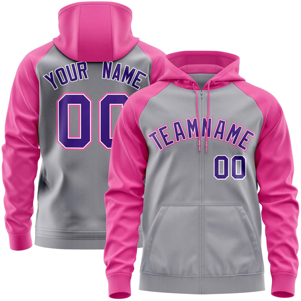 Custom Stitched Light Gray Pink-Purple Raglan Sleeves Sports Full-Zip Sweatshirt Hoodie| KXKSHOP