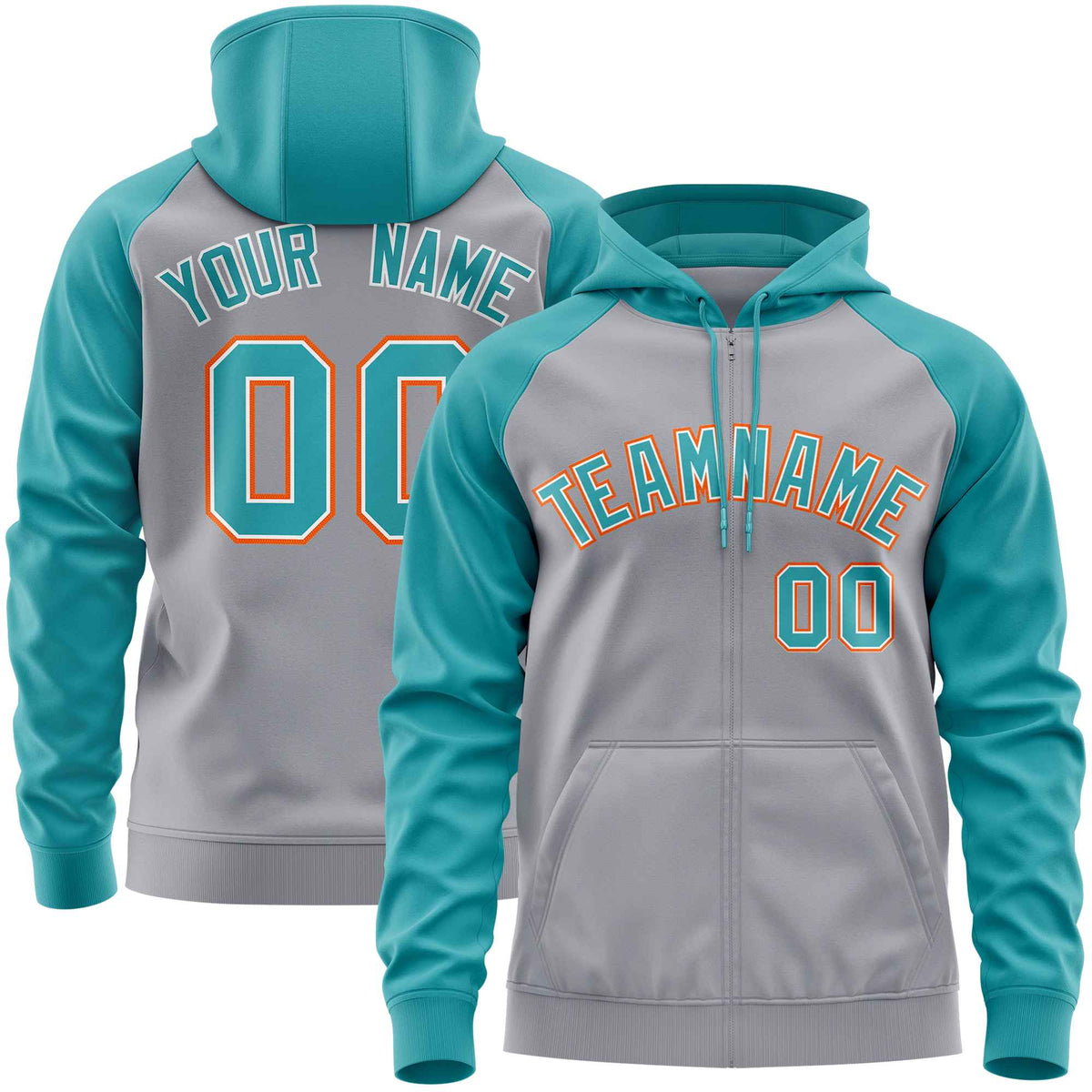 Custom Stitched Light Gray Aqua Raglan Sleeves Sports Full-Zip Sweatshirt Hoodie| KXKSHOP