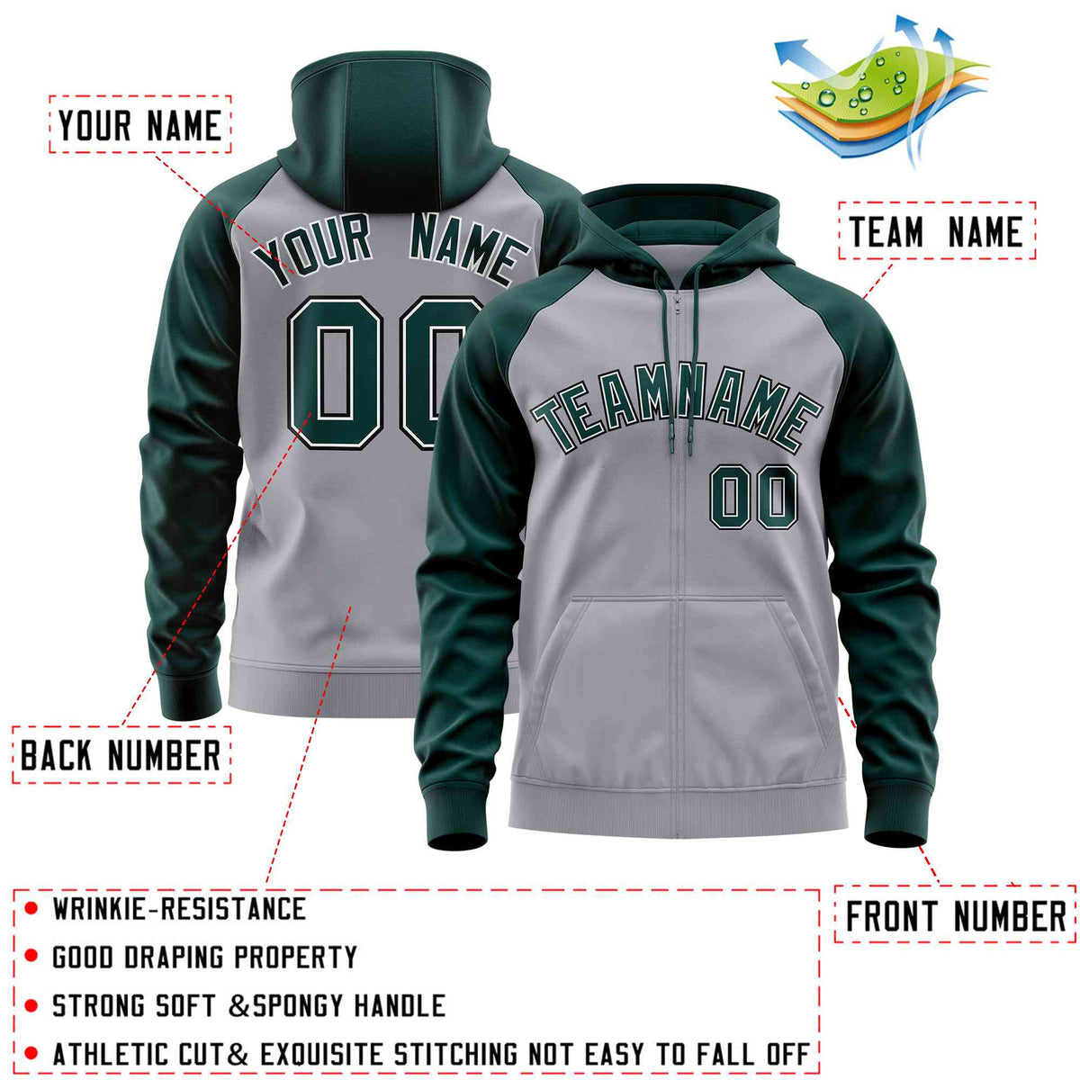 Custom Stitched Light Gray Midnight Green Raglan Sleeves Sports Full-Zip Sweatshirt Hoodie| KXKSHOP
