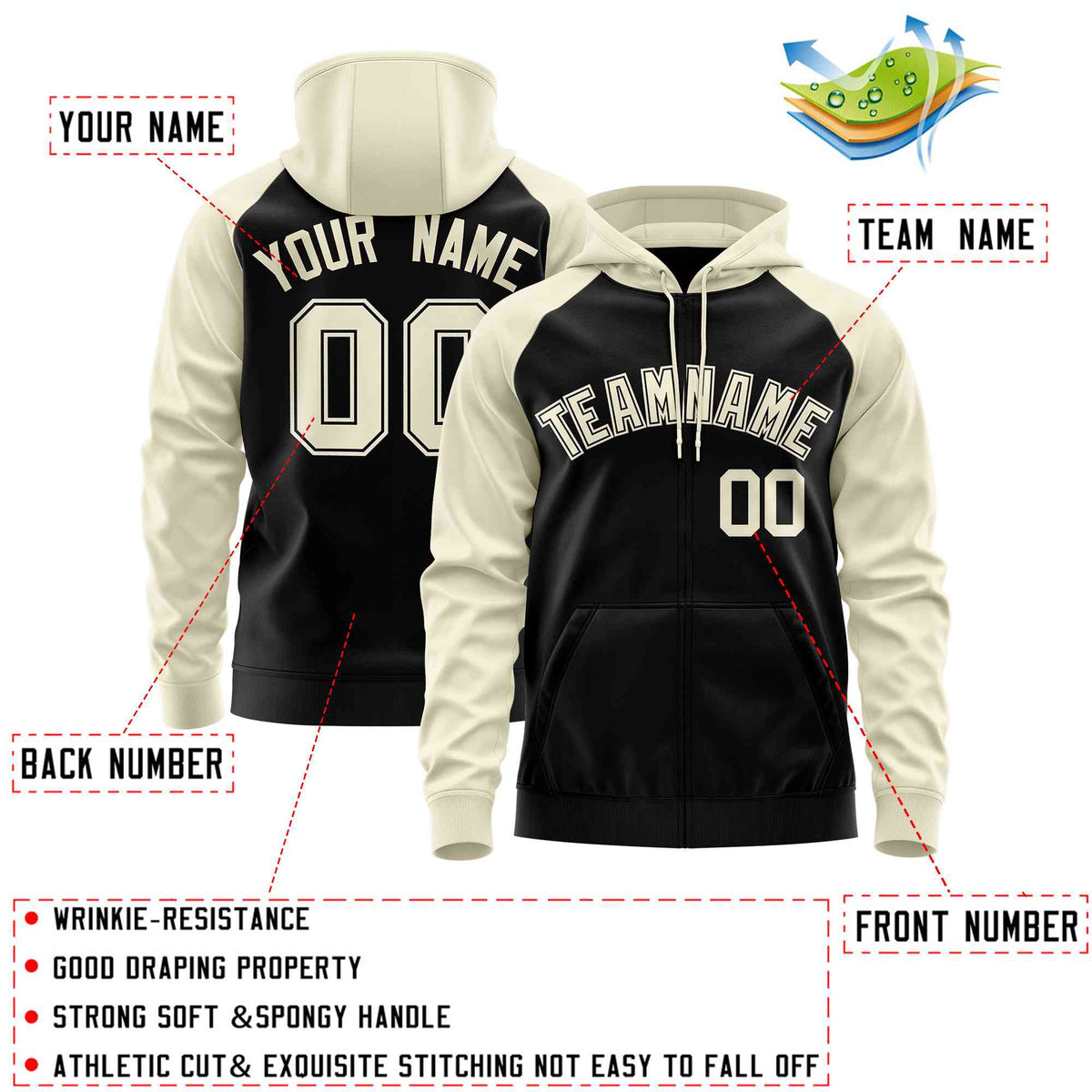 Custom Stitched Black Cream Raglan Sleeves Sports Full-Zip Sweatshirt Hoodie| KXKSHOP