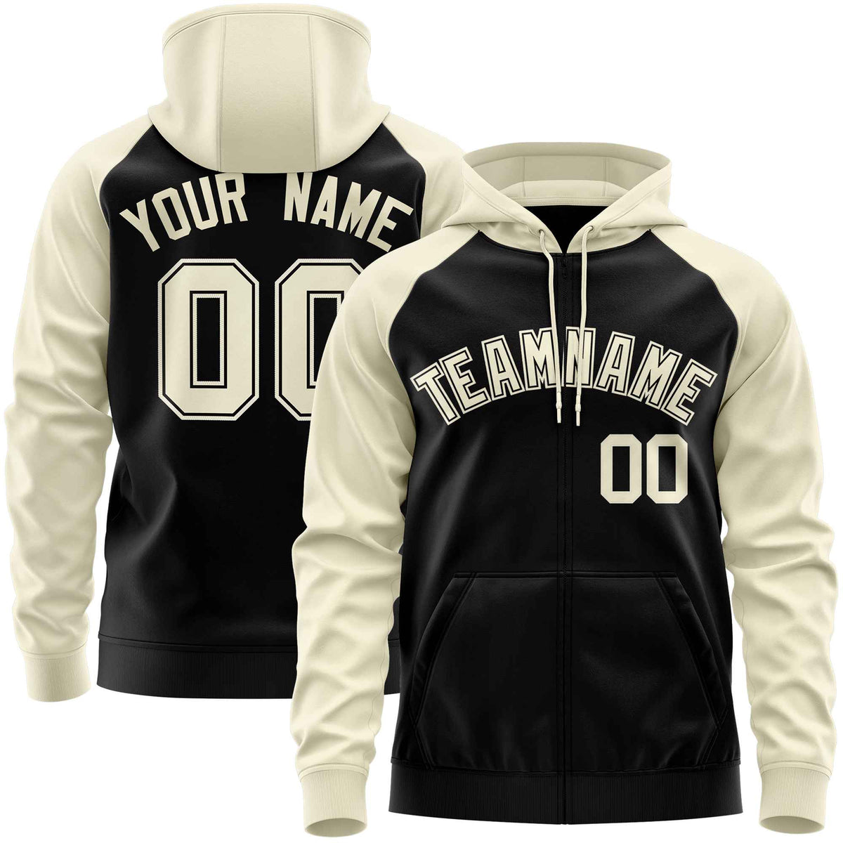 Custom Stitched Black Cream Raglan Sleeves Sports Full-Zip Sweatshirt Hoodie| KXKSHOP