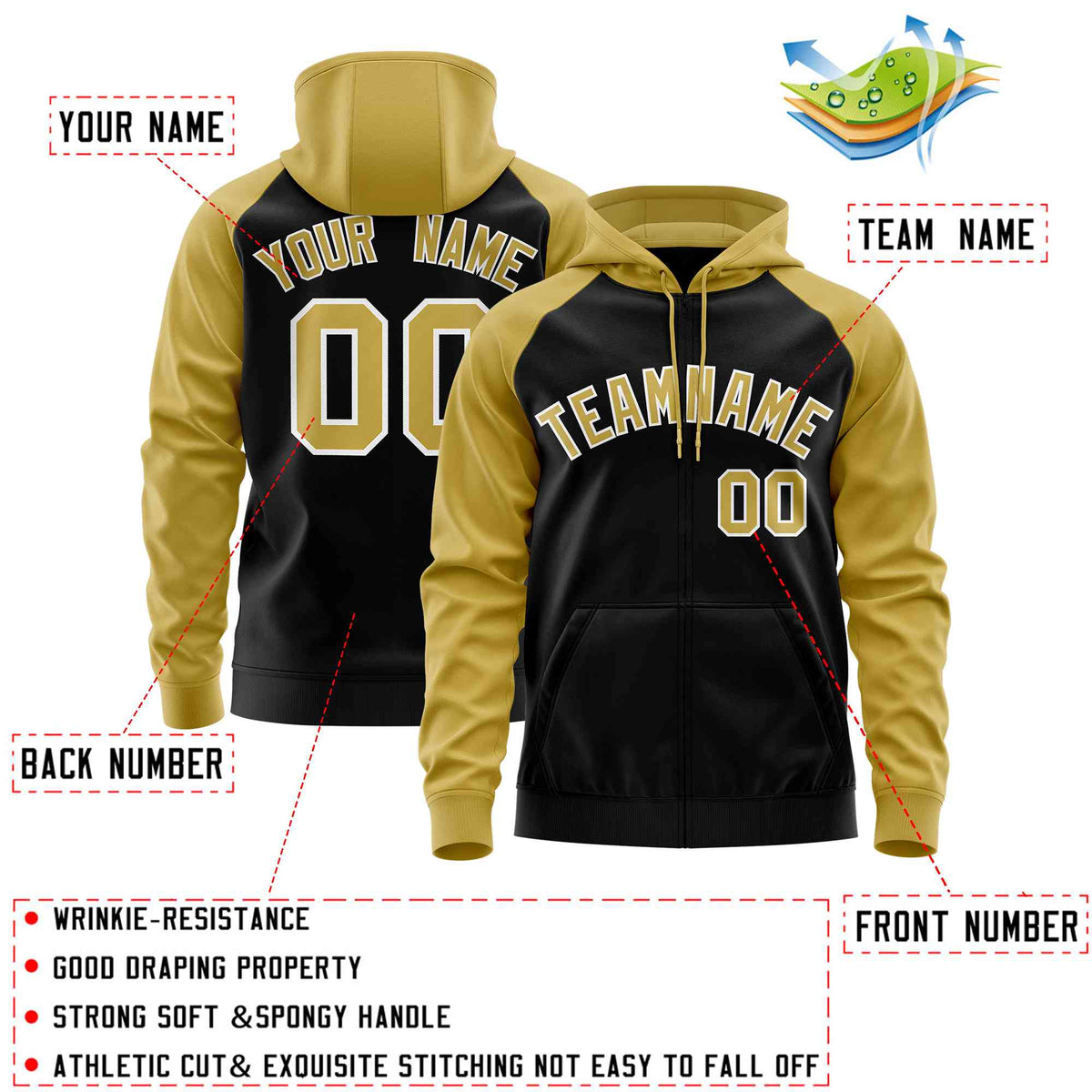 Custom Stitched Black Old Gold Raglan Sleeves Sports Full-Zip Sweatshirt Hoodie| KXKSHOP