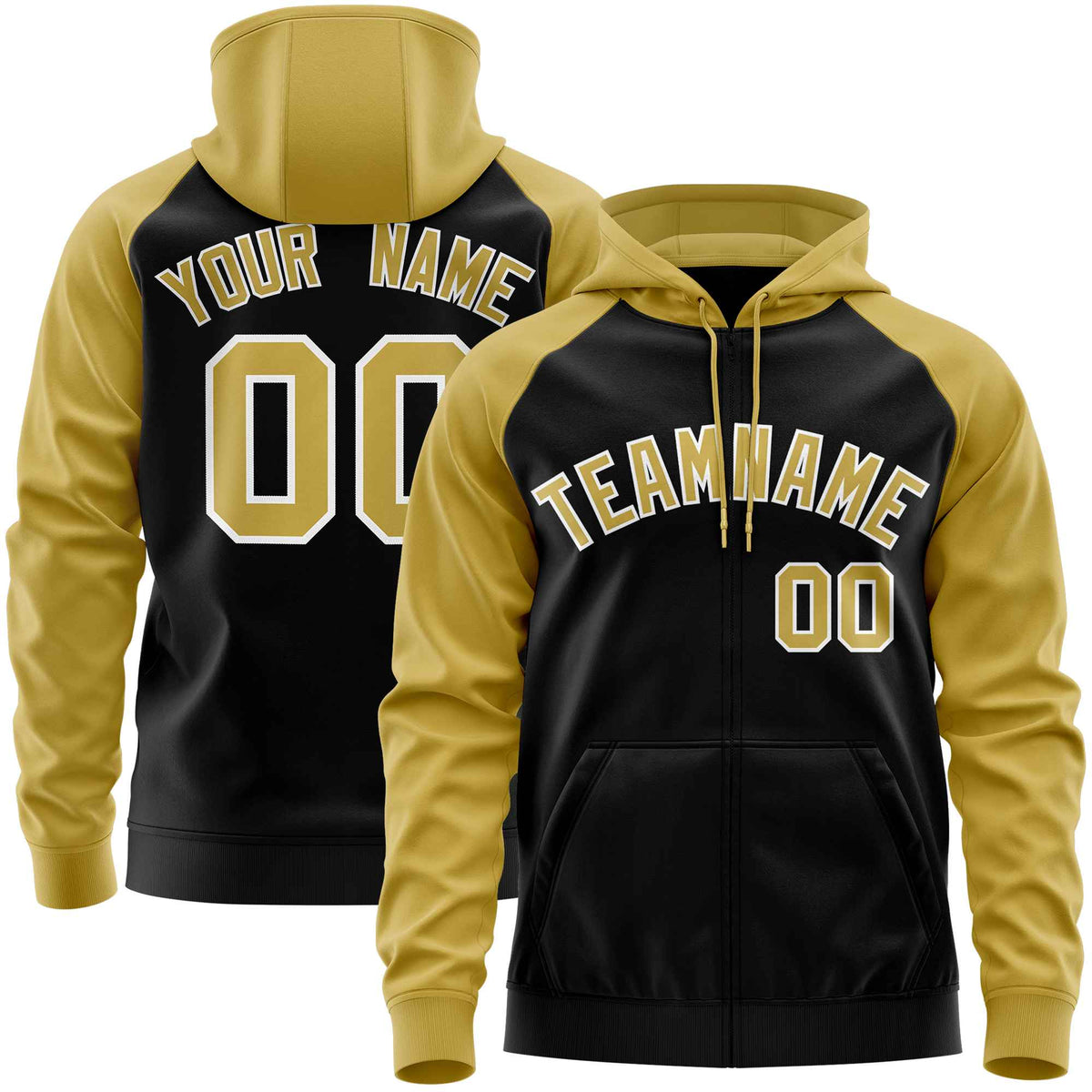 Custom Stitched Black Old Gold Raglan Sleeves Sports Full-Zip Sweatshirt Hoodie| KXKSHOP